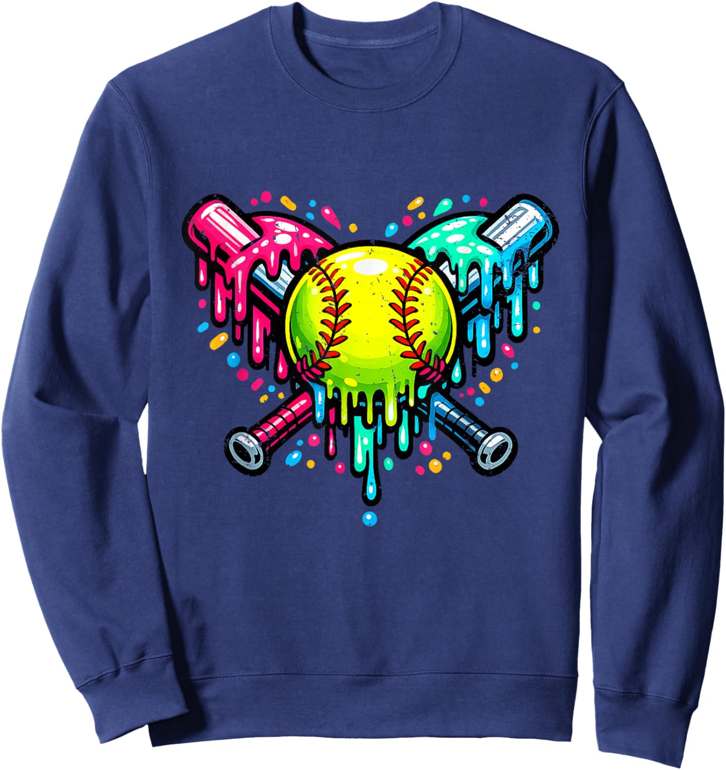 Neon Drip Softball Crossed Bats Graphic Sweatshirt - Sweatshirt | Navy