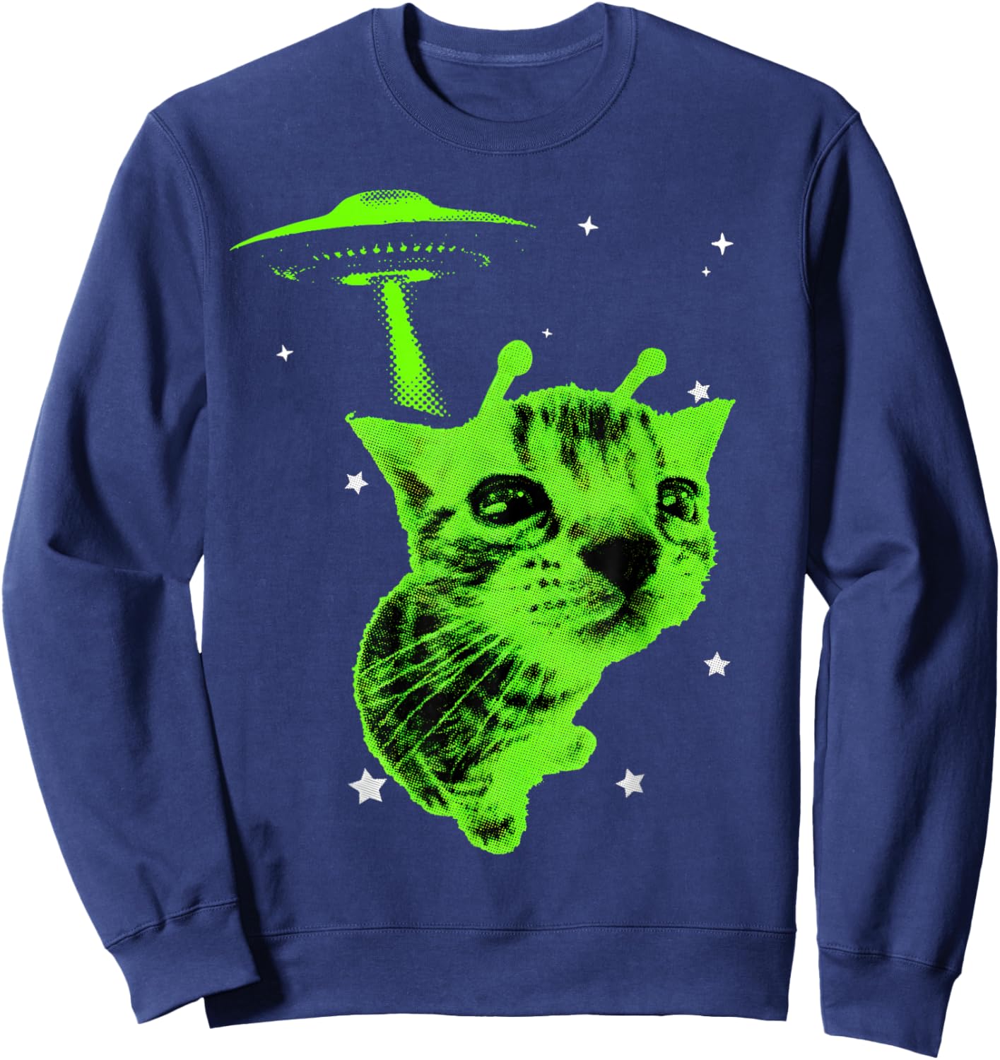 Alien Cat Meme UFO Vintage Y2K Funny Silly Cat Sweatshirt - Sweatshirt | Navy