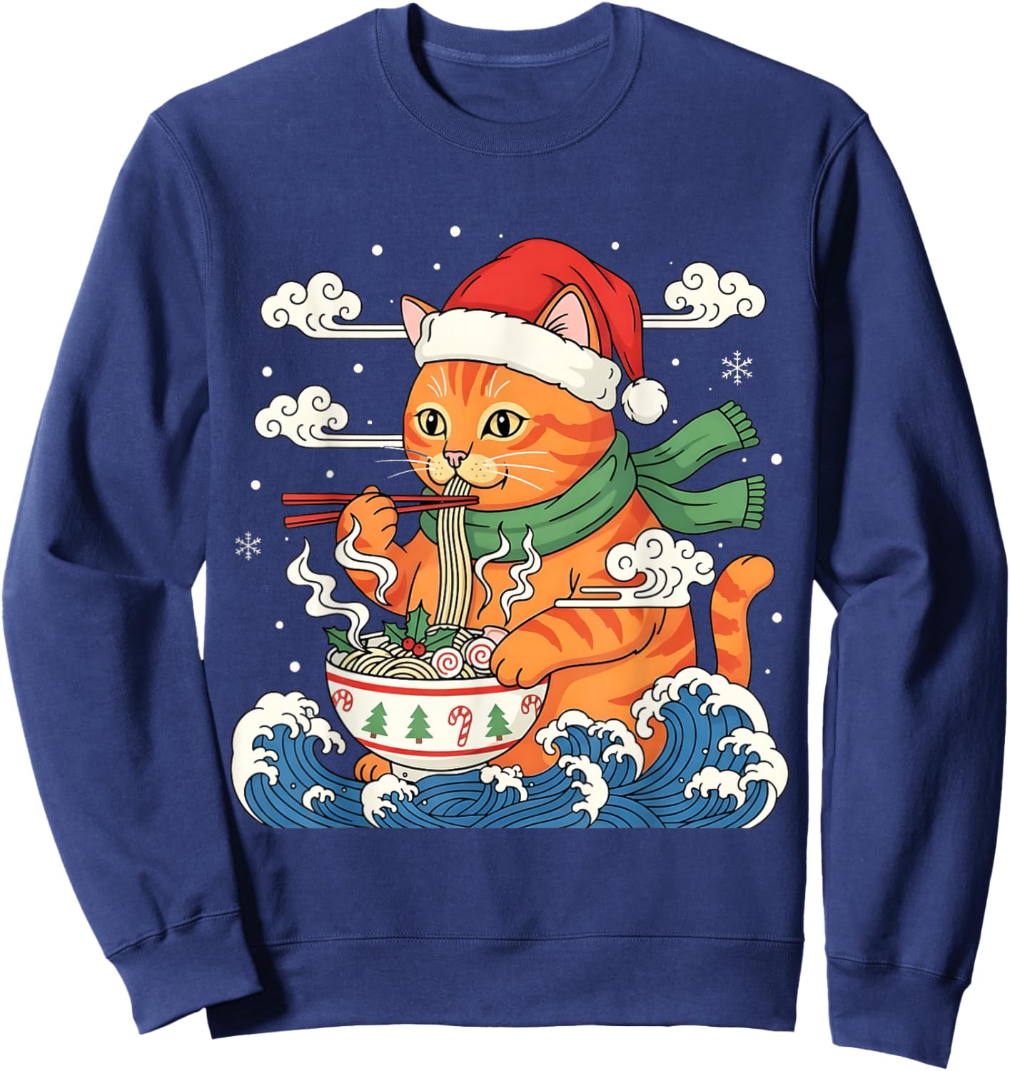 Funny Christmas Ramen Cat Eating Noodles Japanese Kawaii Cat Sweatshirt - Sweatshirt | Navy