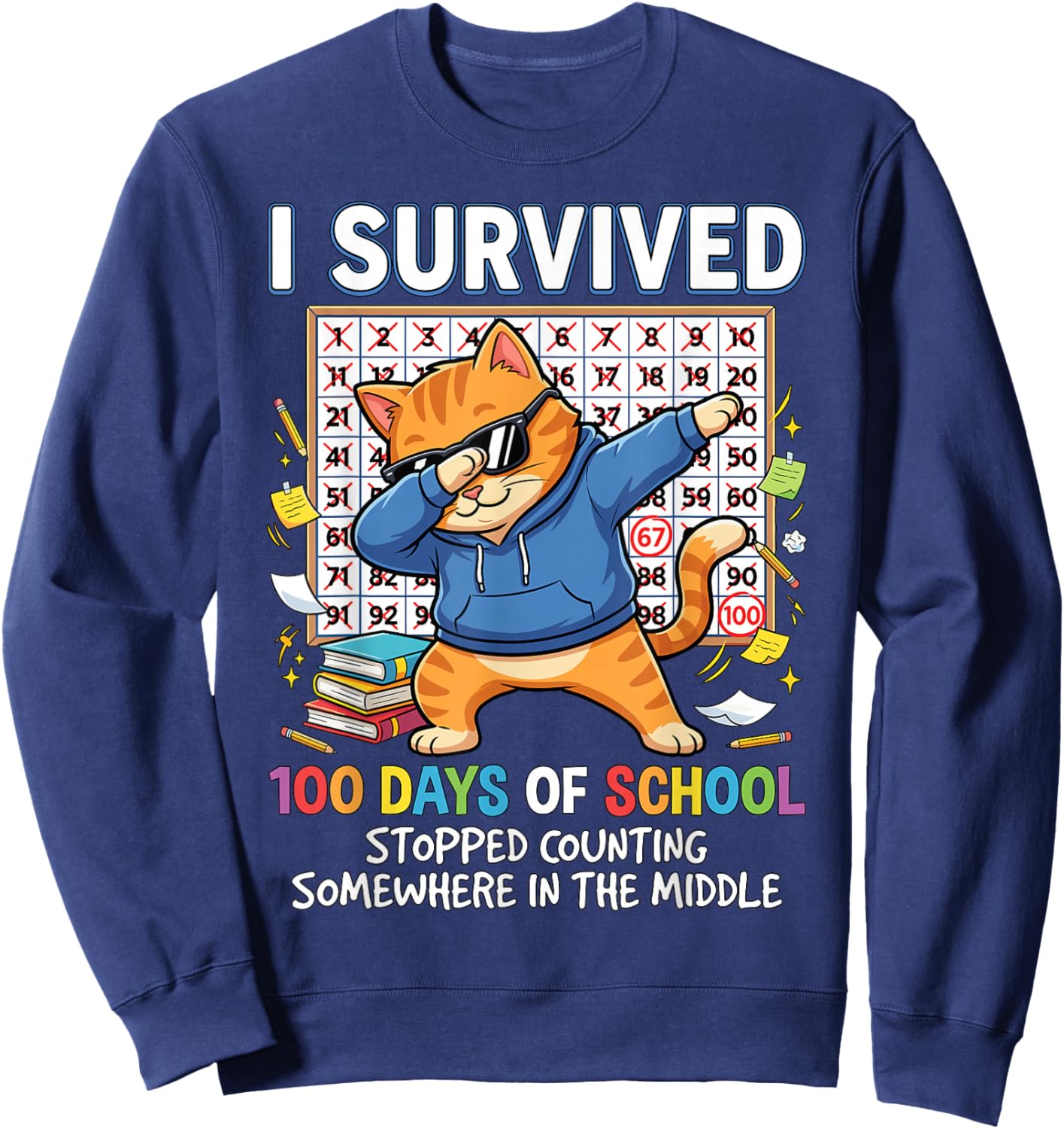I Survived 100 Days of School Funny Dabbing Cat Student Cool Sweatshirt - Sweatshirt | Navy