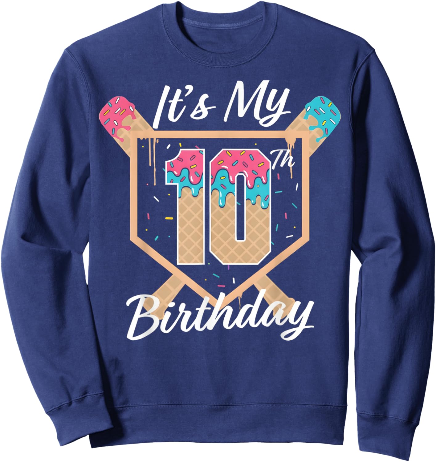 Baseball 10 Year Old Ice Cream Drip 10th Birthday Sweatshirt - Sweatshirt | Navy