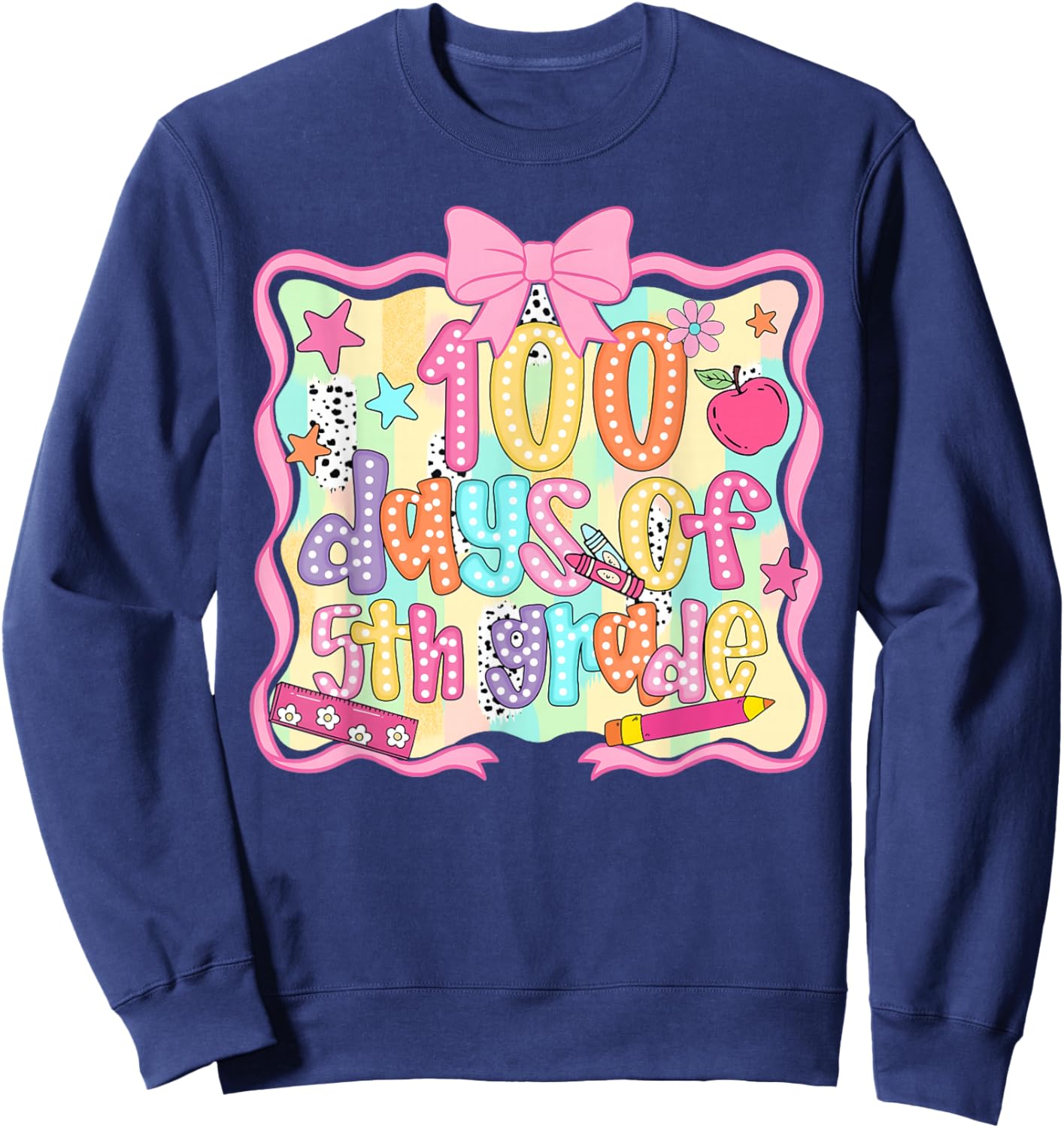 Preppy 100 Days of 5th Grade Teacher Kids Coquette Bow Sweatshirt - Sweatshirt | Navy