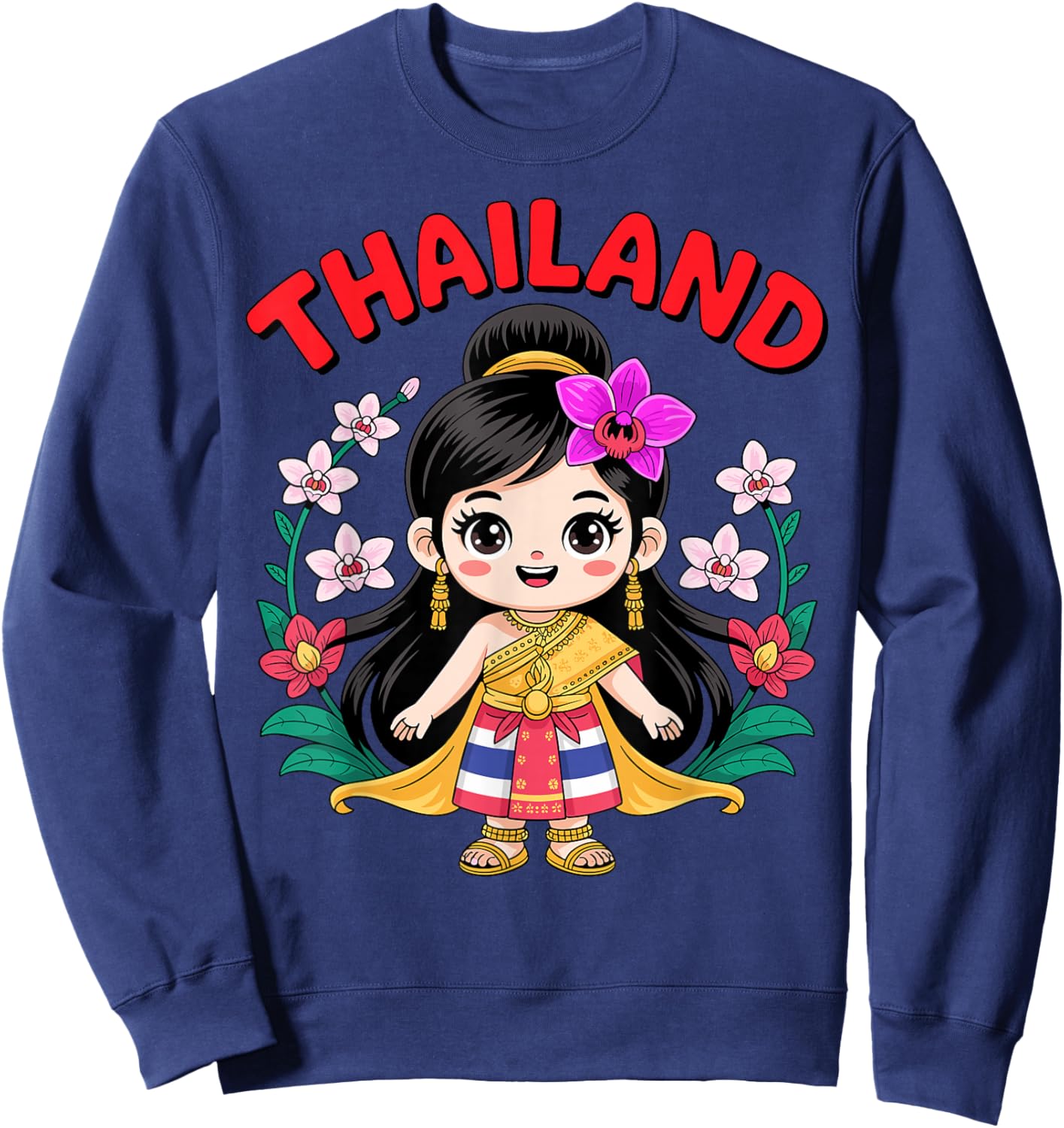Cute Thailand Girl Traditional Dress with Orchids for Kids Sweatshirt - Sweatshirt | Navy