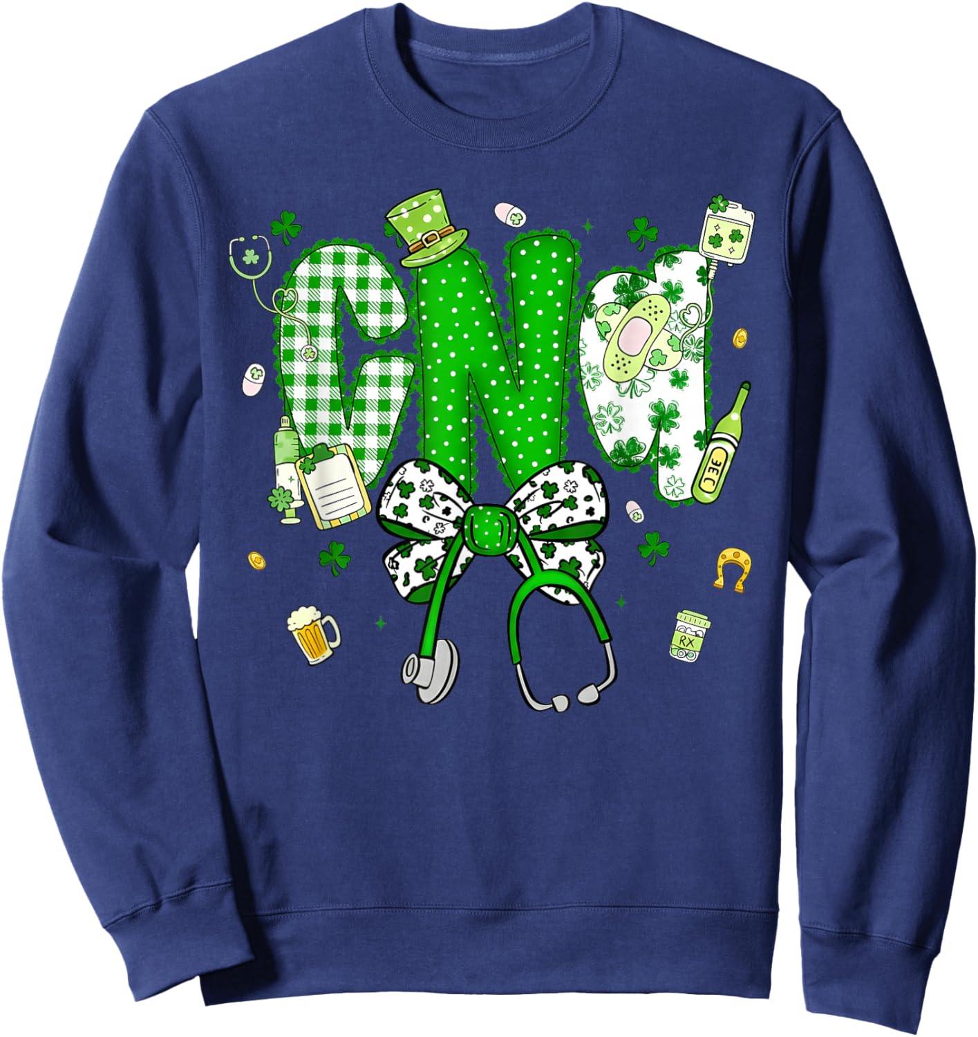 Patrick's Day CNA Coquette Bow Stethoscope Shamrock Sweatshirt - Sweatshirt | Navy