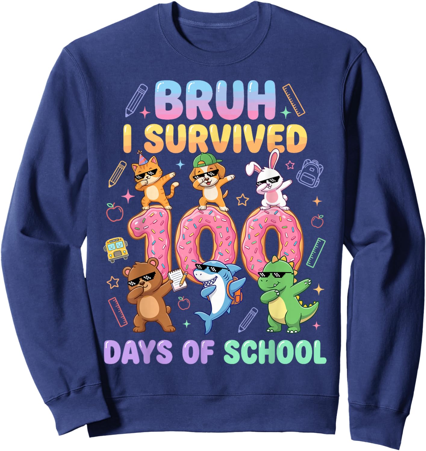 Bruh I Survived 100 Days of School Hundred Dabbing Animals Sweatshirt - Sweatshirt | Navy
