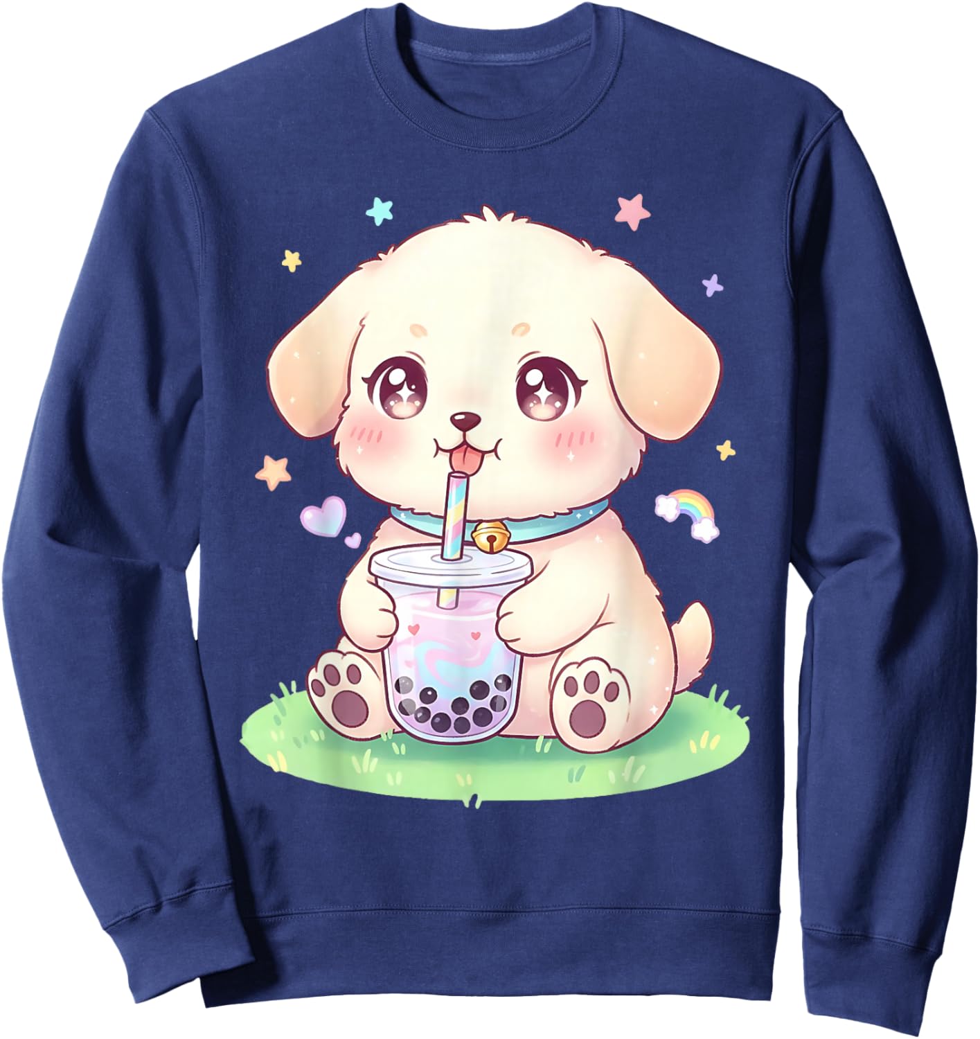 Puppy Dog Drinking Boba Tea Cute Girls Graphic Sweatshirt - Sweatshirt | Navy