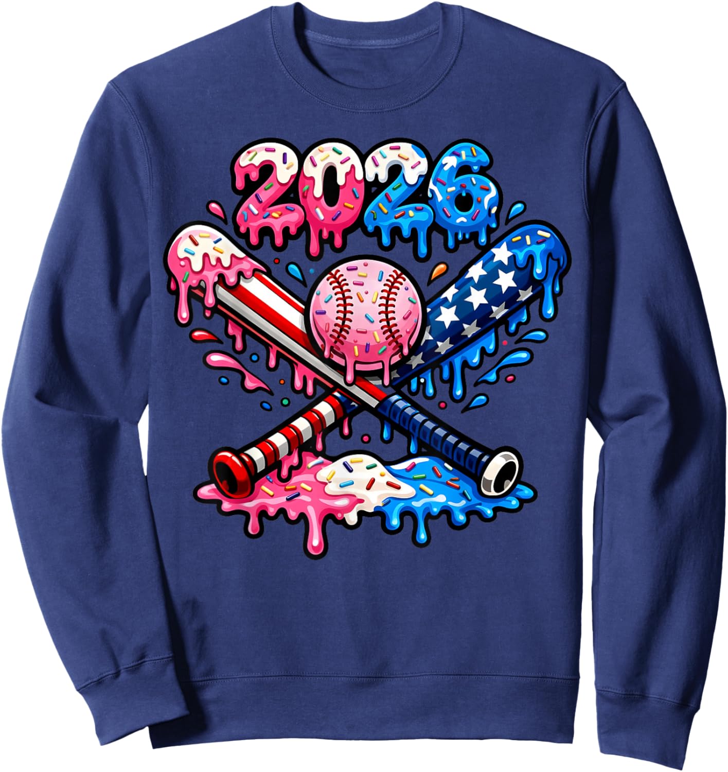 Funny 2026 American Flag Baseball Ice Cream Drip Bats Boys Sweatshirt - Sweatshirt | Navy