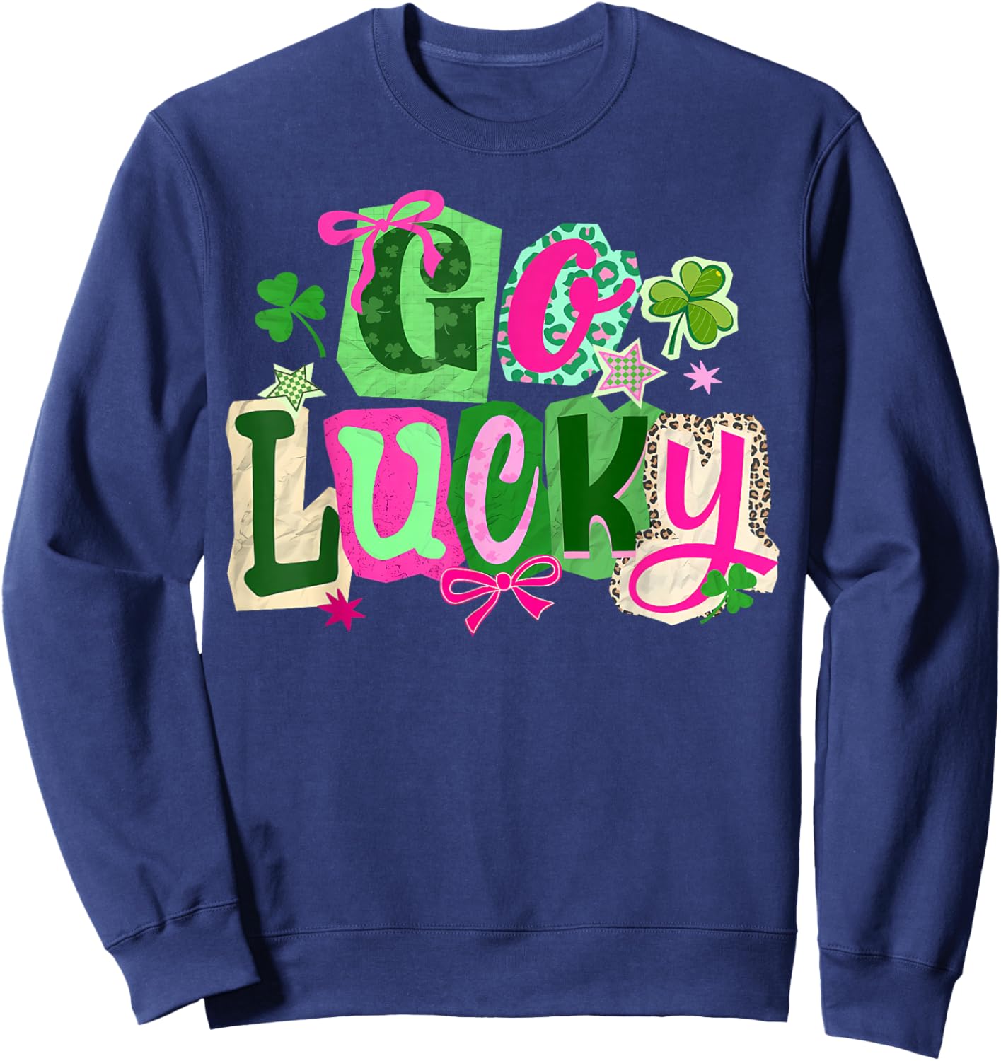 Preppy Happy Go Lucky Coquette Bow Shamrock St Patricks Day Sweatshirt - Sweatshirt | Navy