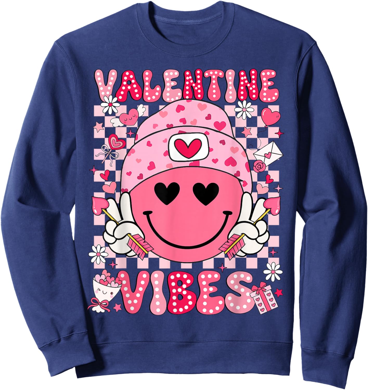 Valentine Vibes Groovy Smile Face Valentines Day Men Women Sweatshirt - Sweatshirt | Navy