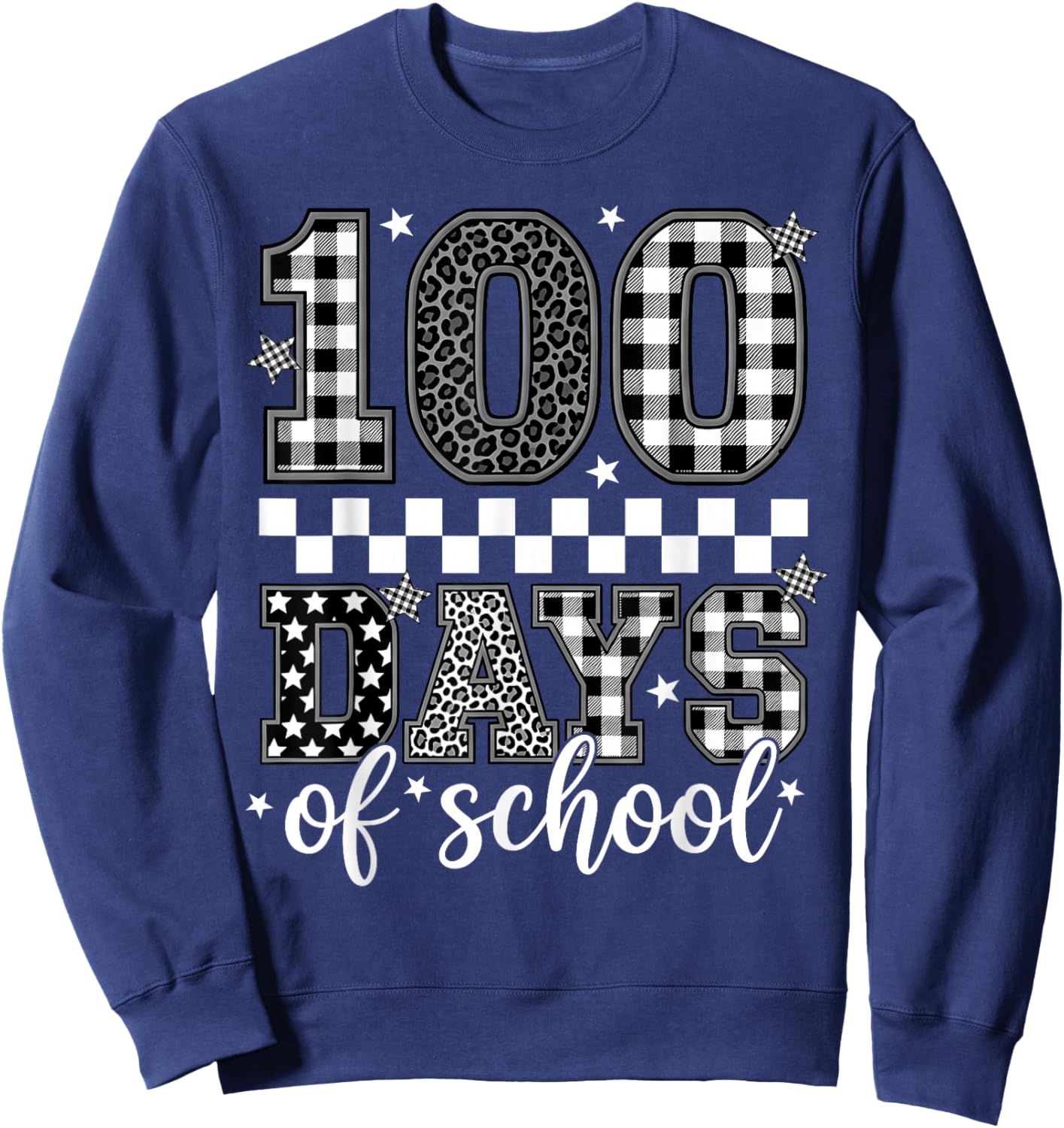Black White Checkered Leopard 100 Days of School Teacher Kid Sweatshirt - Sweatshirt | Navy