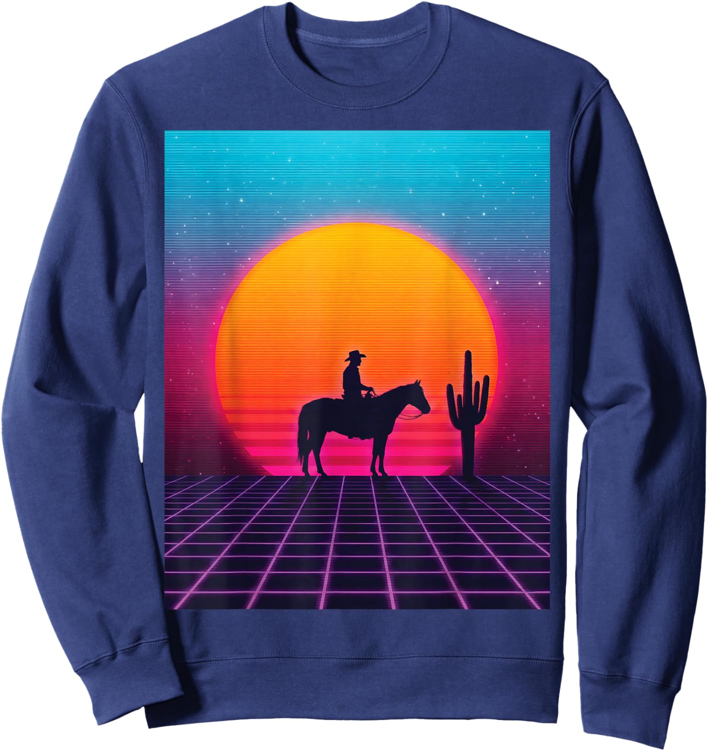 Synthwave Cowboy Retrowave 80s Western Horse Desert Sunset Sweatshirt - Sweatshirt | Navy