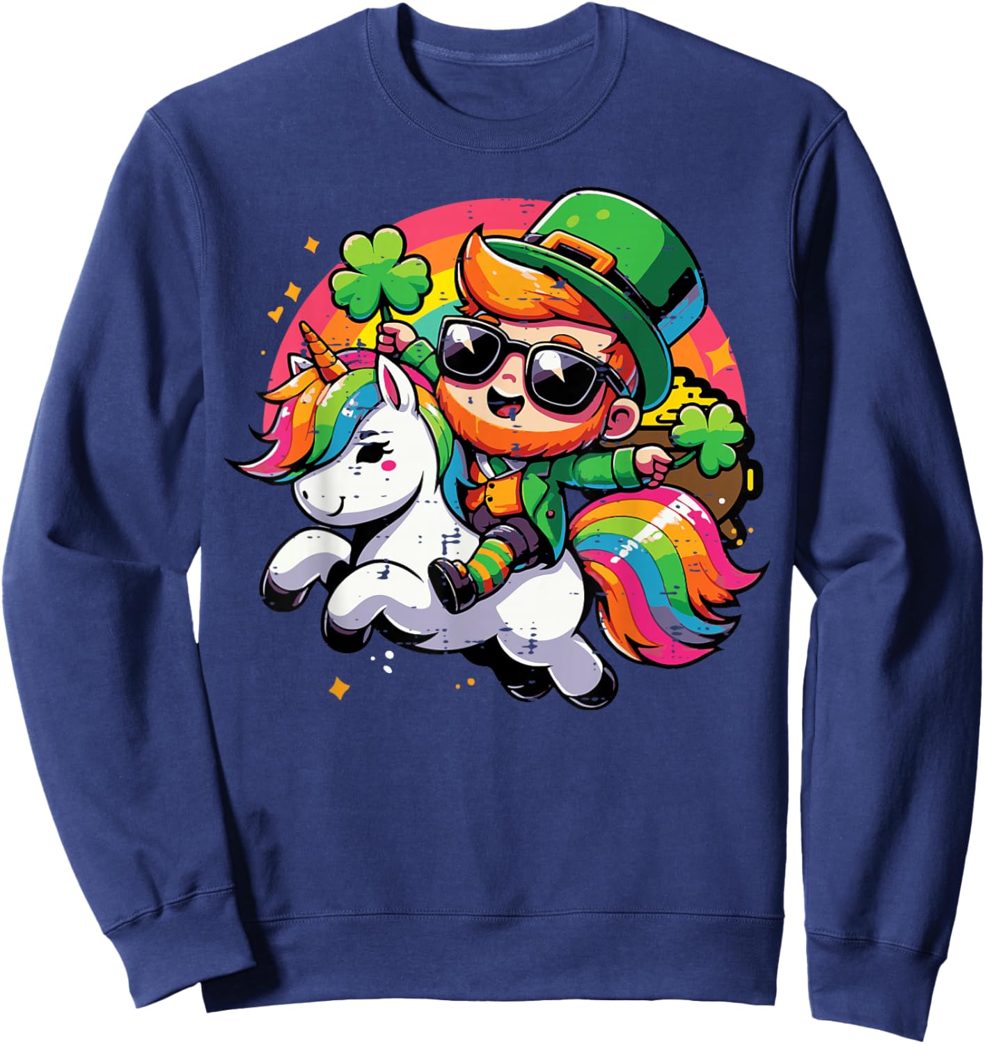 St Patricks Day Leprechaun On Unicorn Cute Saint Paddys Kids Sweatshirt - Sweatshirt | Navy