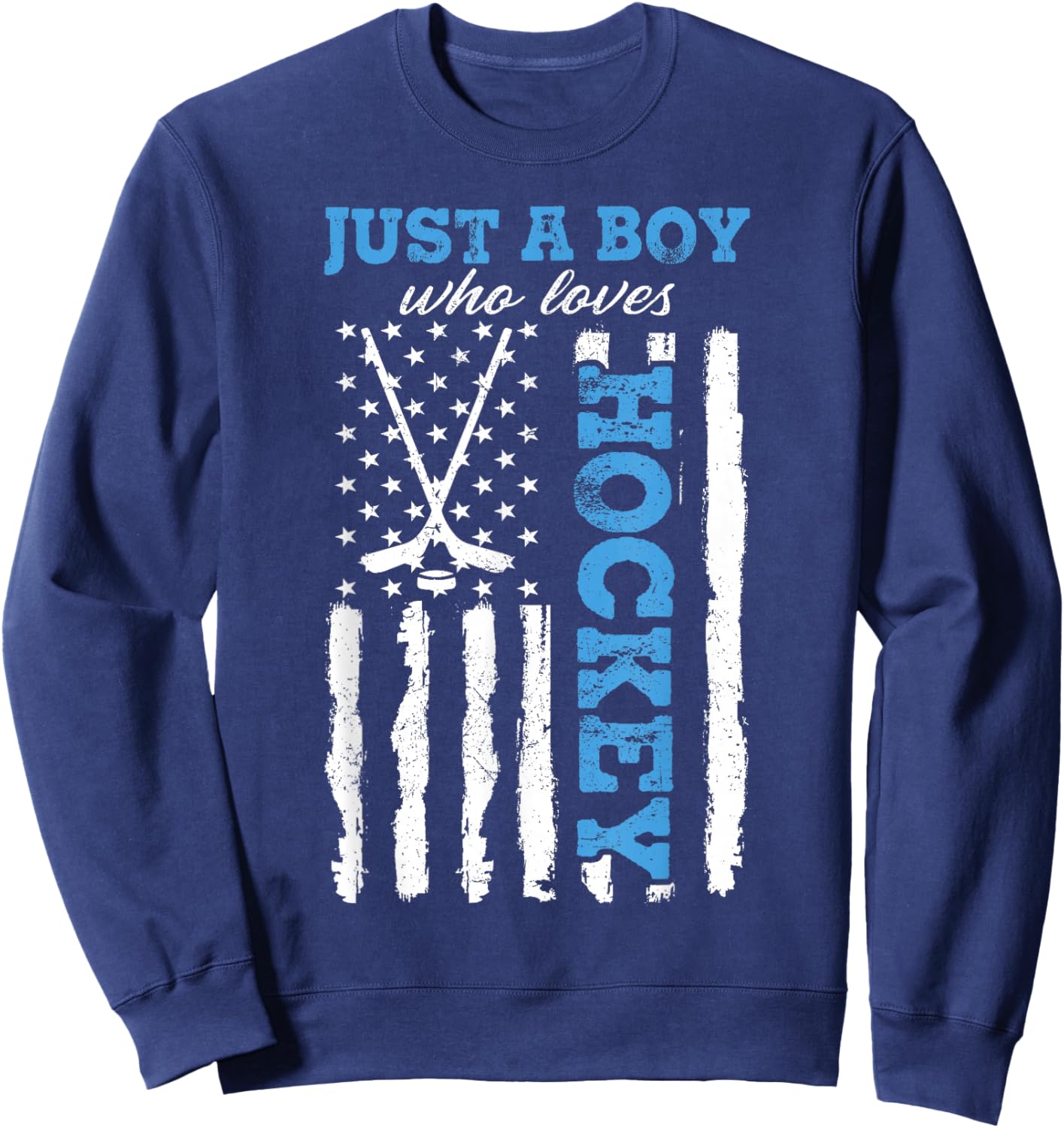 Just A Boy Who Loves Hockey USA Flag Ice Hockey Boys Kids Sweatshirt - Sweatshirt | Navy