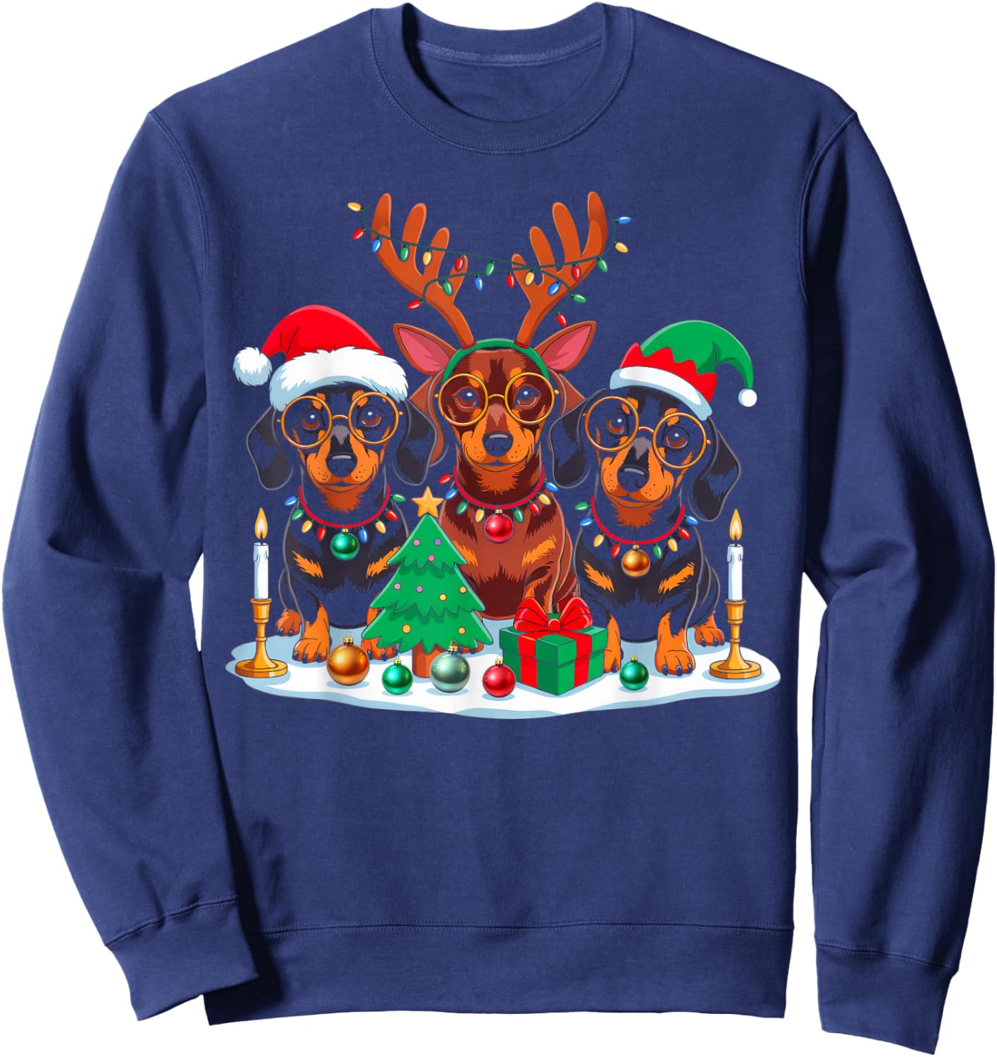 Dachshund Dog Christmas Lights Santa Hat Xmas Dog Lover Sweatshirt - Sweatshirt | Navy