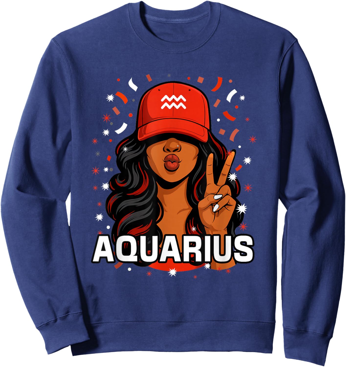 Aquarius Black Woman Red Hat Symbol Birthday Zodiac Sweatshirt - Sweatshirt | Navy