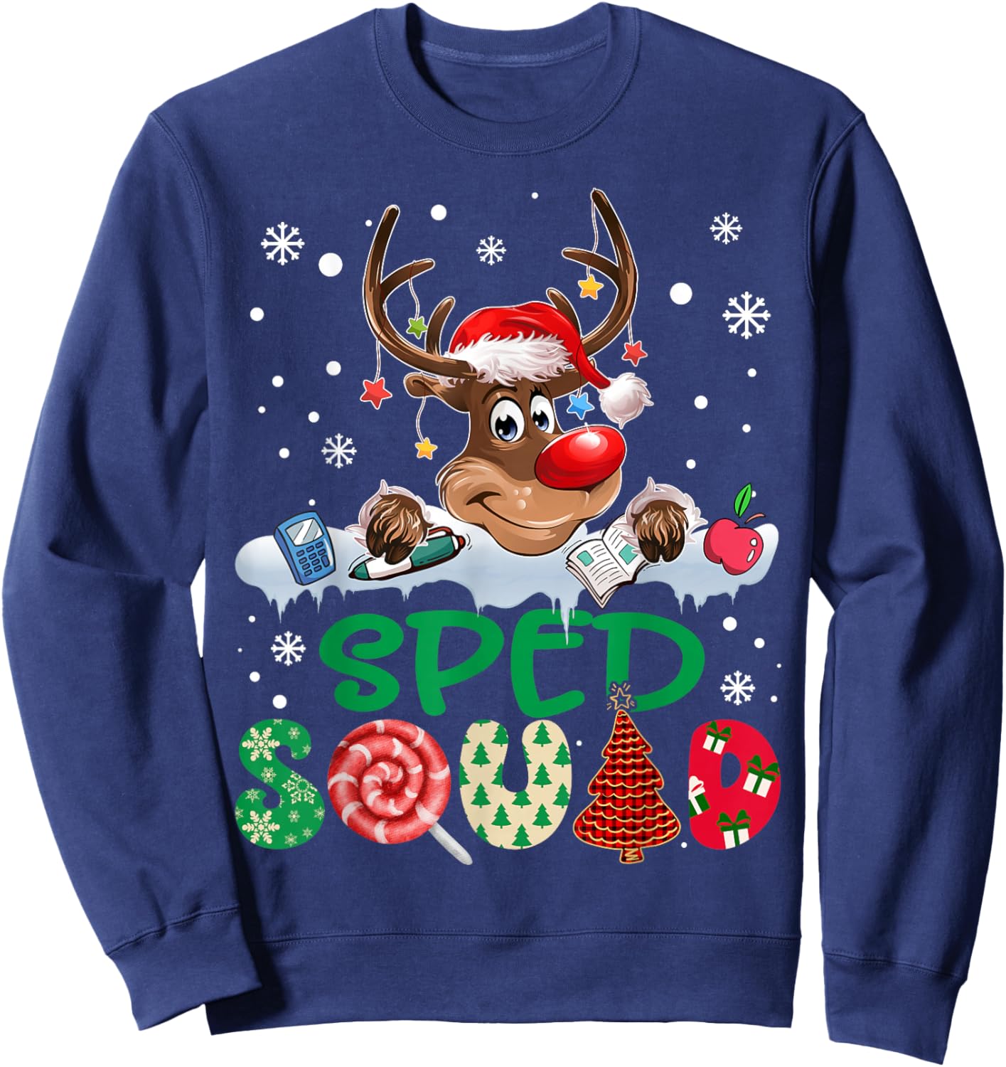 Reindeer Santa Hat SPED Squad Teacher Funny Christmas Kids Sweatshirt - Sweatshirt | Navy