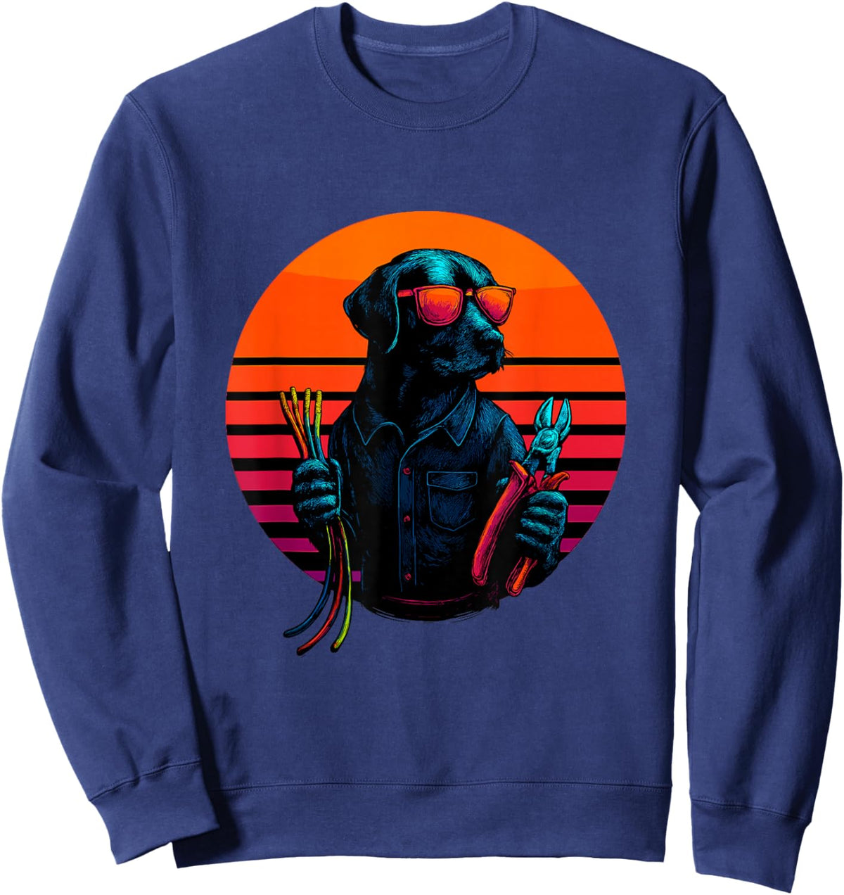 Retro Dog with Cable Wiring Electrician Sweatshirt - Sweatshirt | Navy