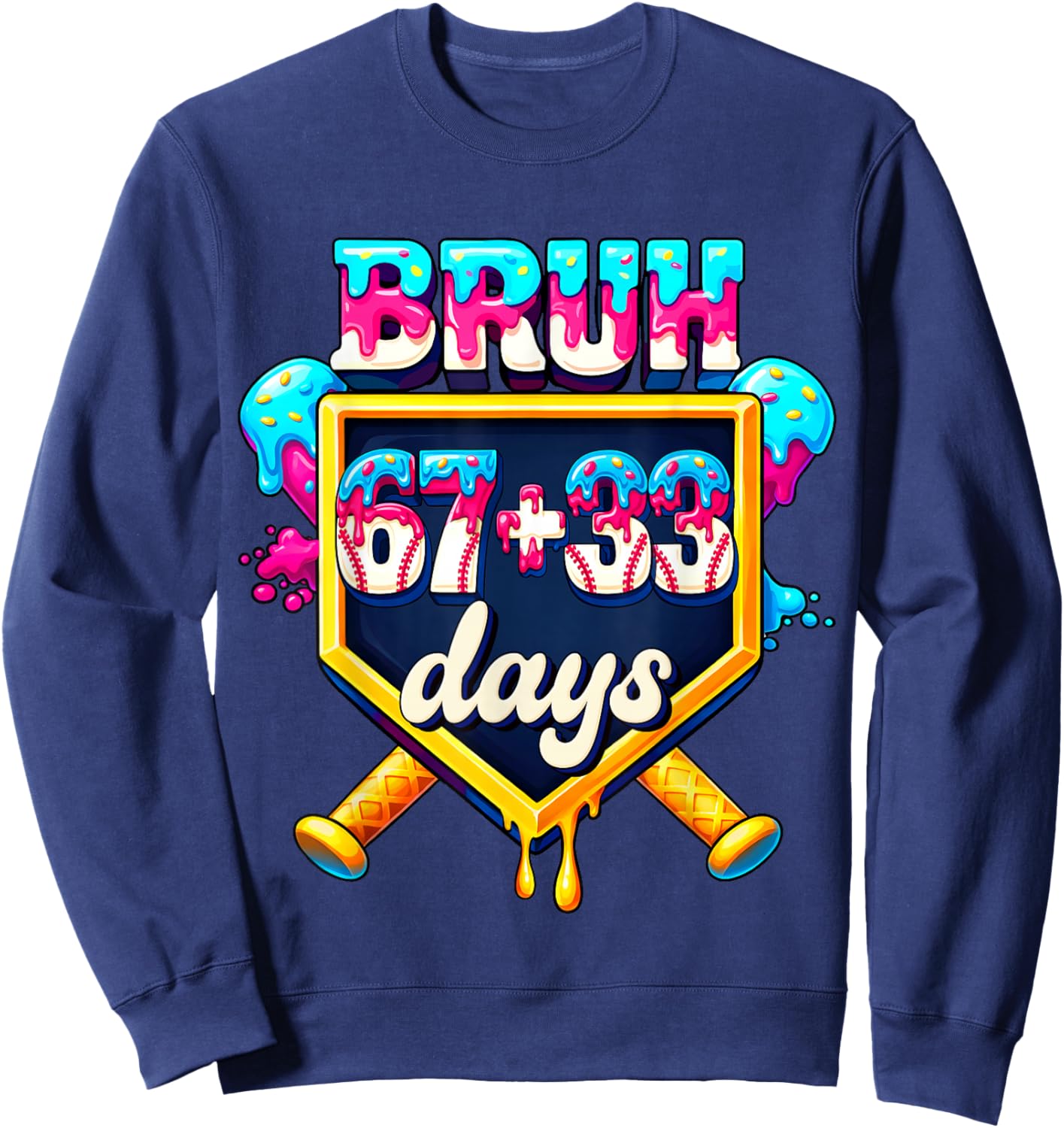 Happy 67+33 Days of School Baseball Drip 100th Day of School Sweatshirt - Sweatshirt | Navy