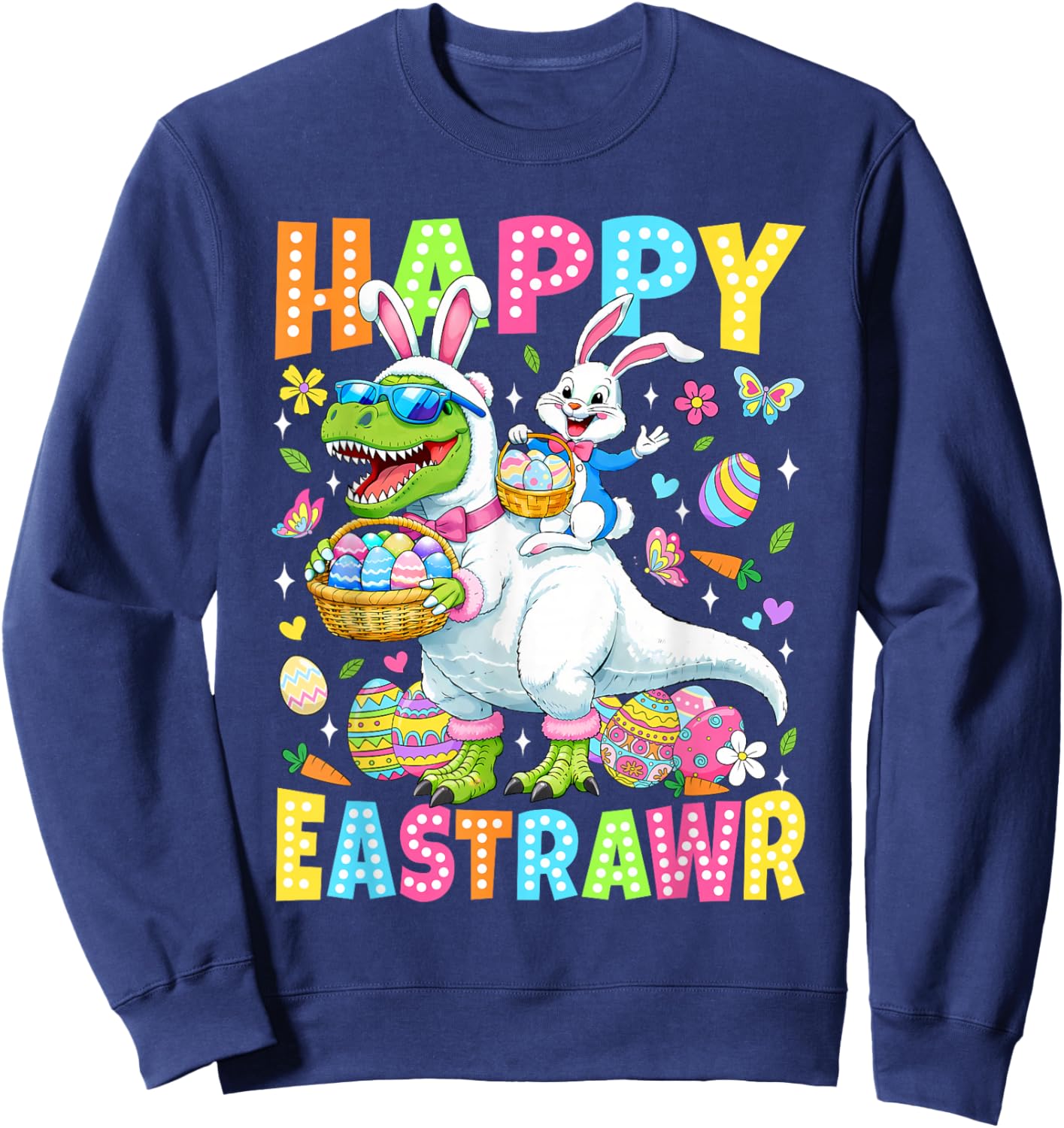 Funny Happy Eastrawr Toddler Boys Kids T-Rex Easter Dinosaur Sweatshirt - Sweatshirt | Navy