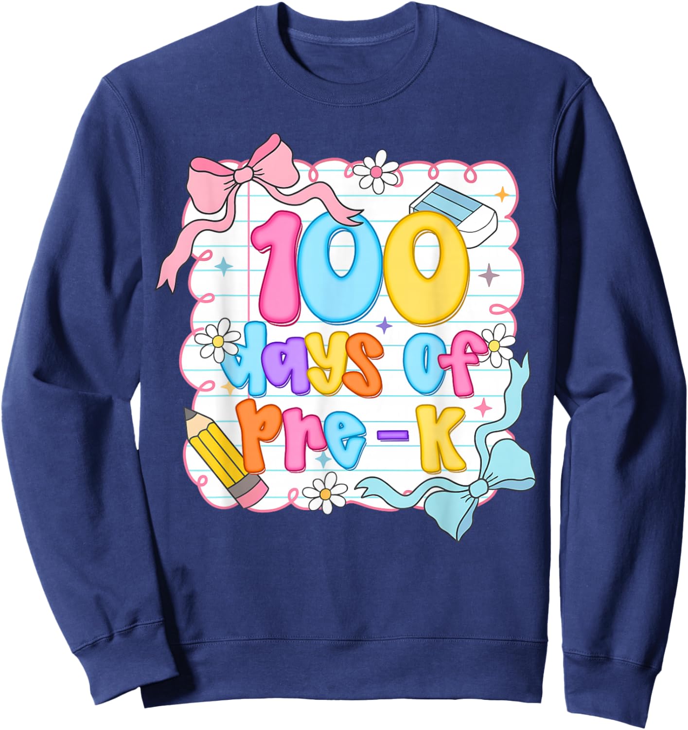 Preppy 100 Days of Pre-K Teacher Kids Coquette Bow Sweatshirt - Sweatshirt | Navy