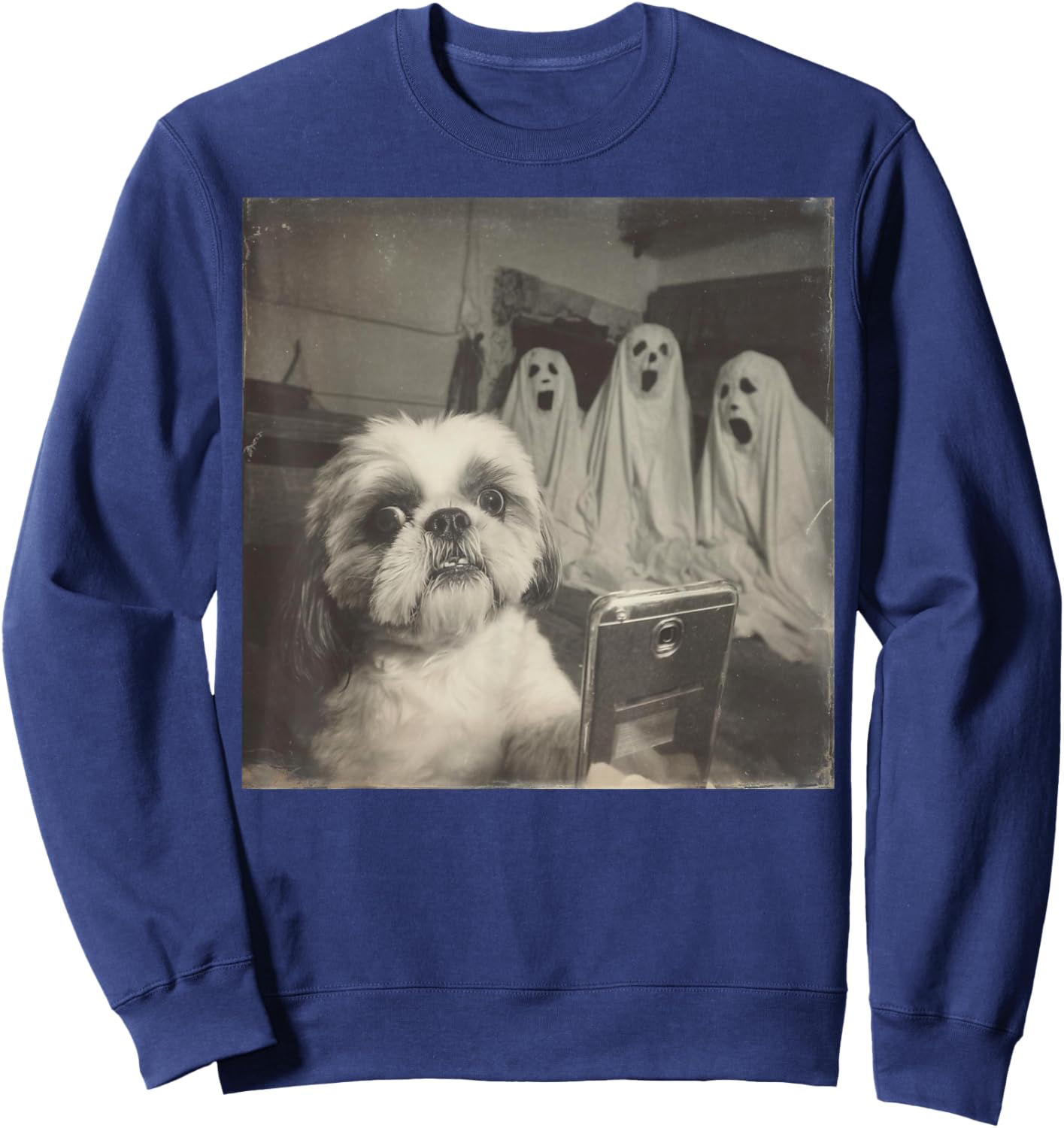 Shih Tzu Selfie with Ghosts Funny Halloween Retro Dog Sweatshirt - Sweatshirt | Navy