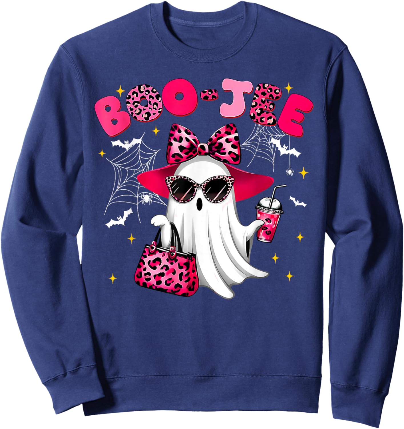 Cute Boo JEE Ghost Halloween Pink Leopard Bow Ghost Sweatshirt - Sweatshirt | Navy