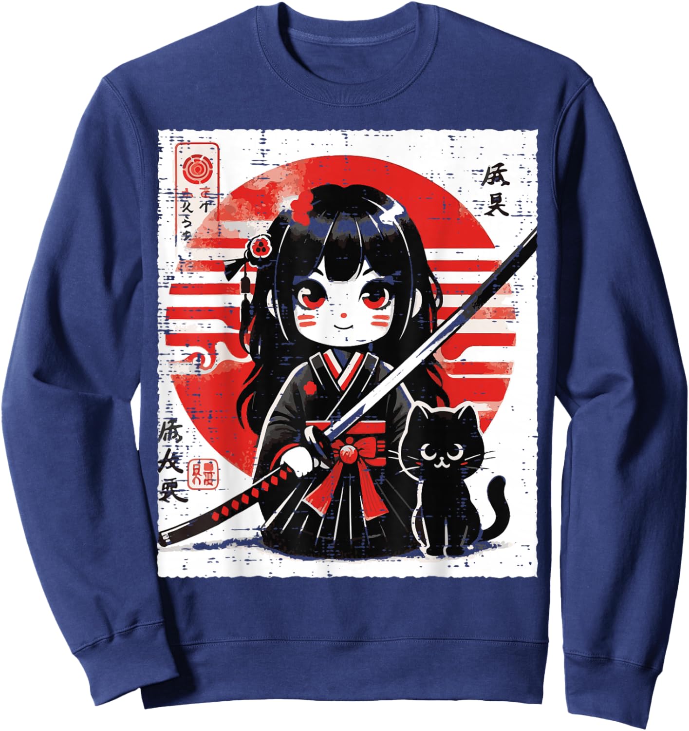 Japanese Samurai Girl Black Cat Kawaii Anime Women Girls Kid Sweatshirt - Sweatshirt | Navy