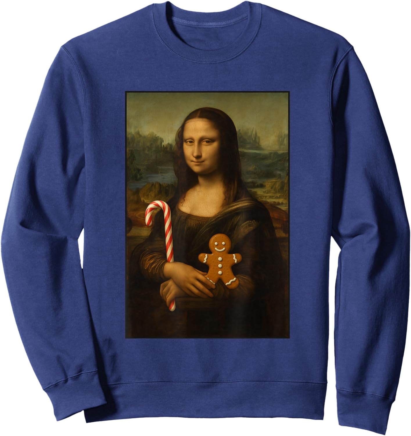 Mona Lisa Candy Gingerbread Cane Funny Christmas Art Sweatshirt - Sweatshirt | Navy