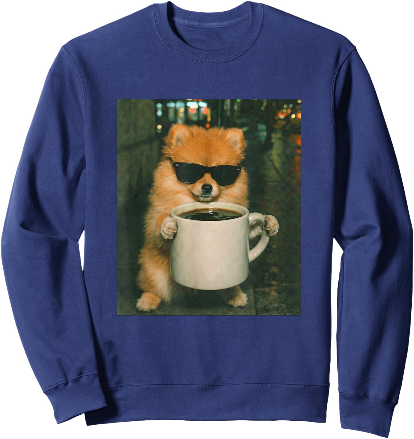 Funny Pomeranian Drinking Coffee Meme Retro Urban Gen Z Sweatshirt - Sweatshirt | Navy