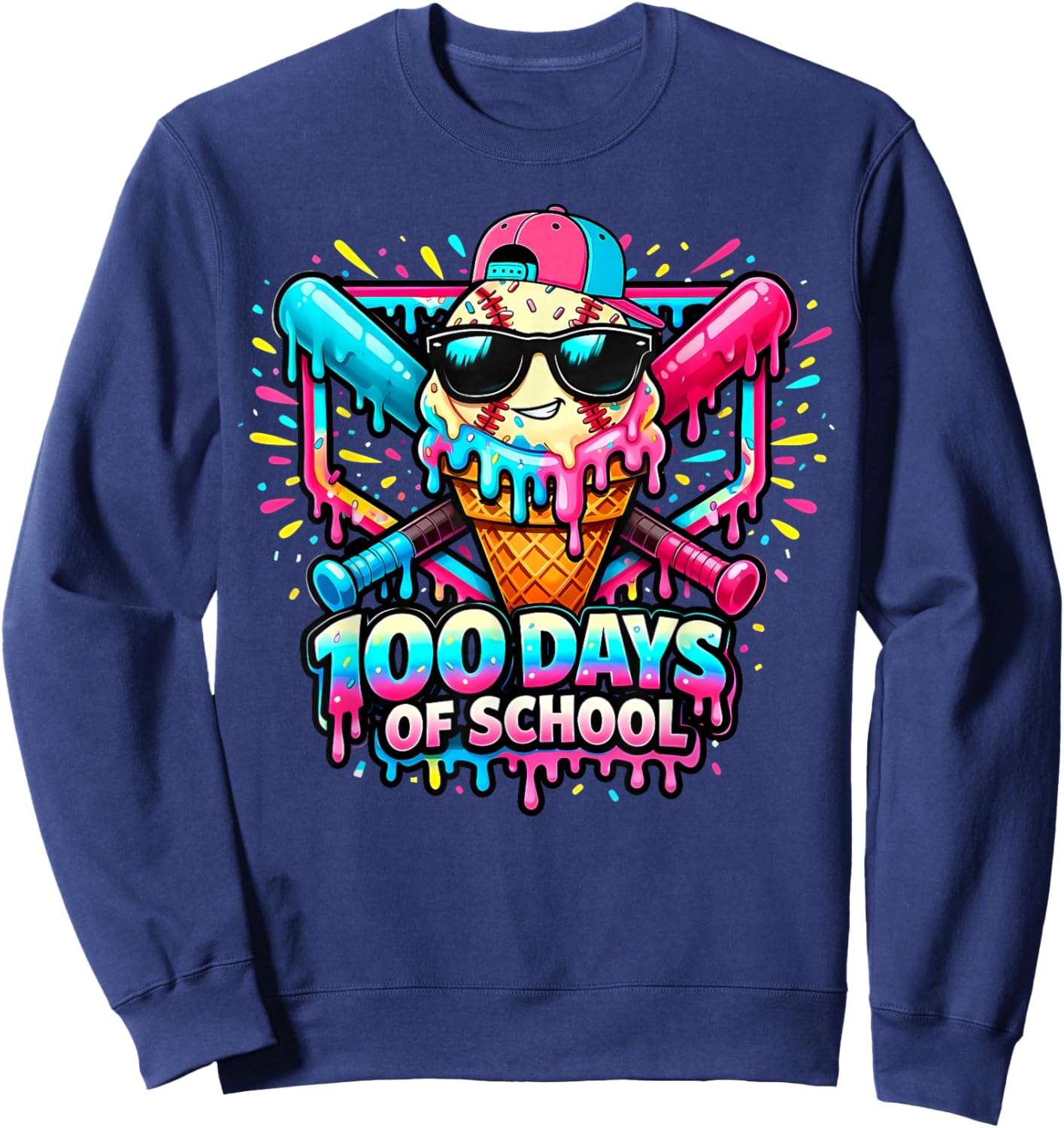 Baseball Ice Cream Drip 100 Days of School Boys Girls 100th Sweatshirt - Sweatshirt | Navy