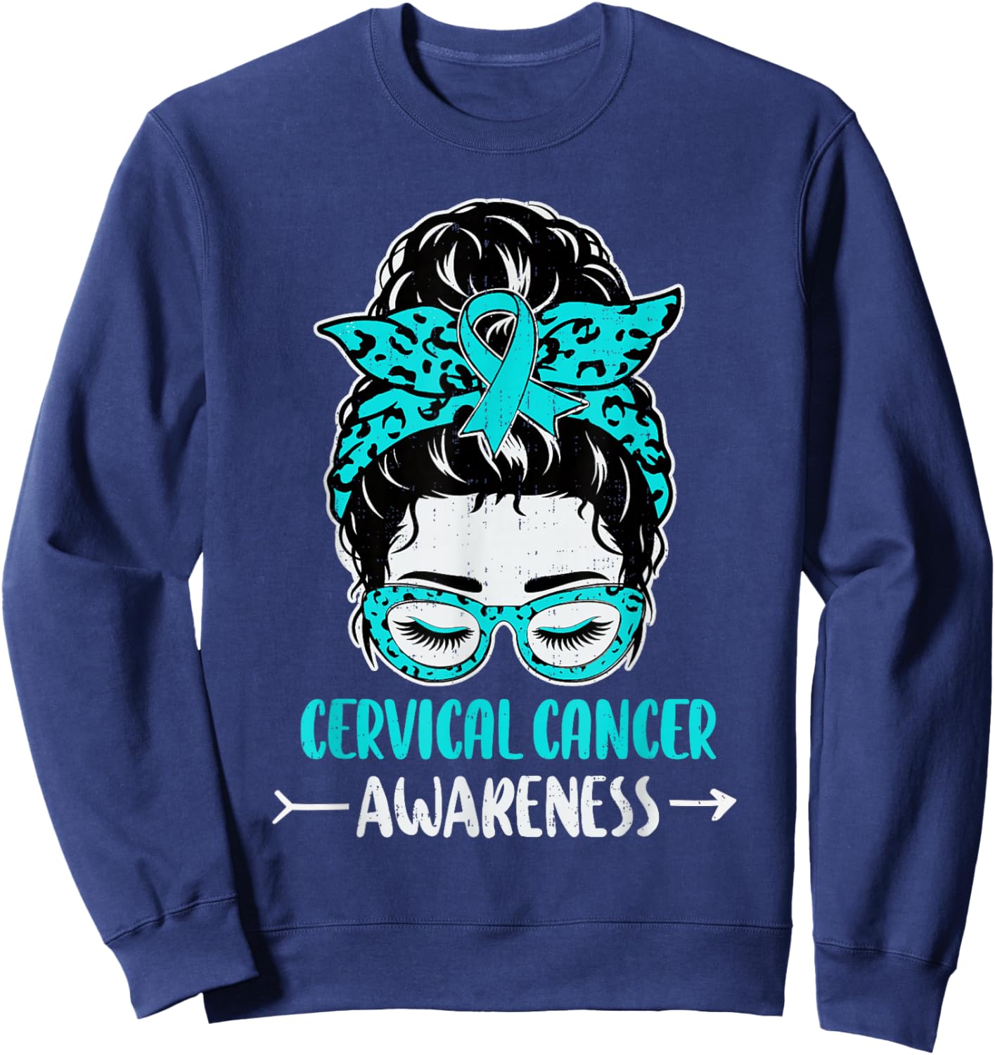 Cervical Cancer Awareness Messy Bun Ribbon Teal Sweatshirt - Sweatshirt | Navy
