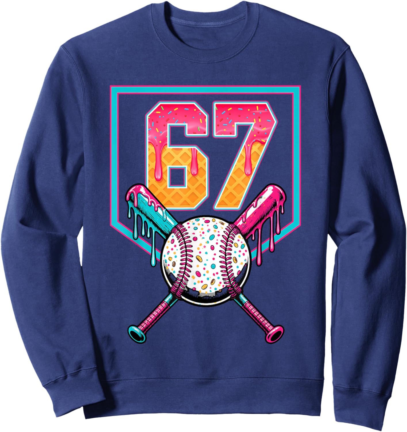 Baseball Ice Cream Drip Number 67 Player 67th Birthday Men Sweatshirt - Sweatshirt | Navy
