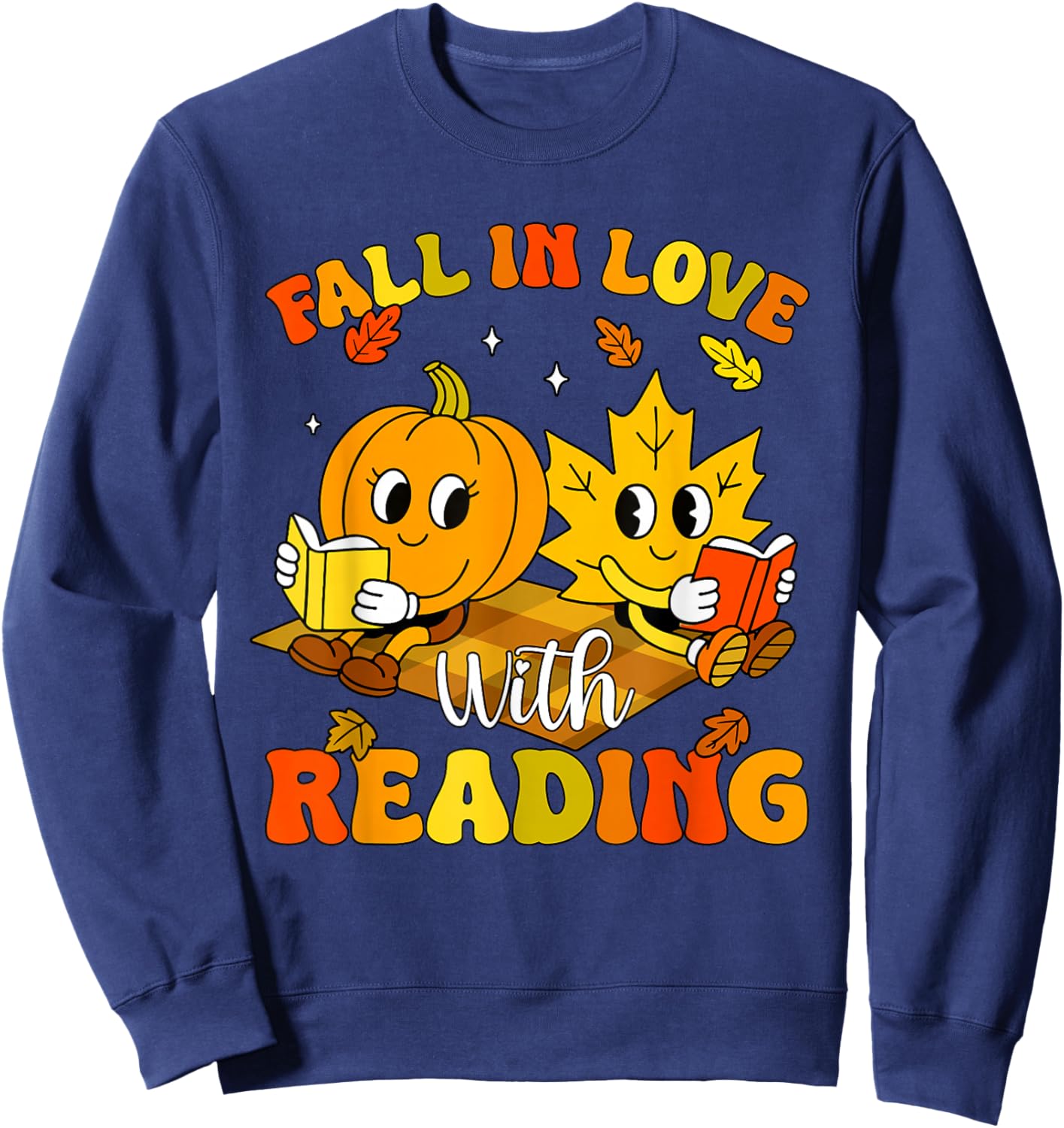 Retro Fall in Love with Reading Autumn Leaf Pumpkin Teacher Sweatshirt - Sweatshirt | Navy