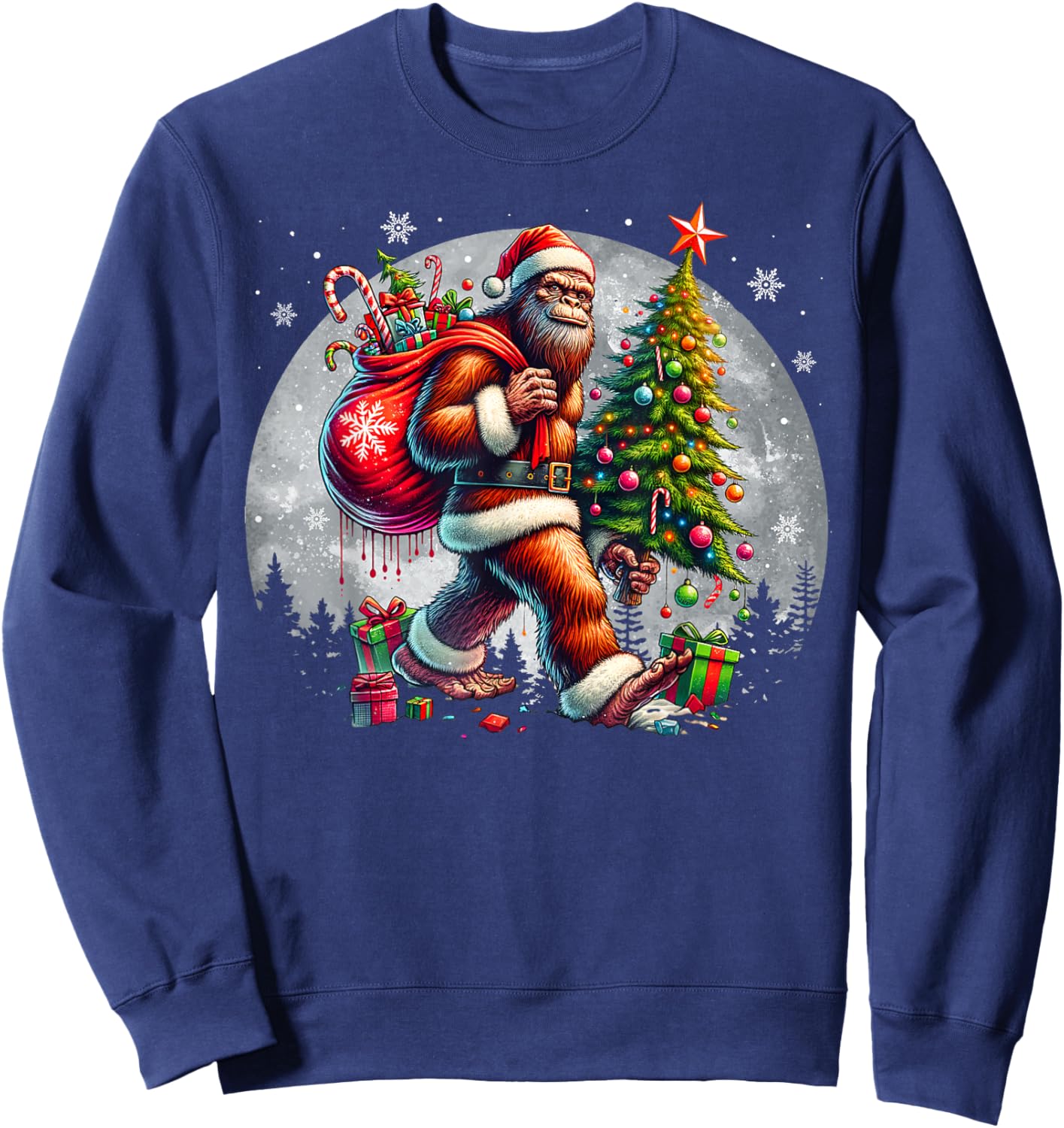 Santa Bigfoot Christmas Tree Xmas Lights Funny Sasquatch Sweatshirt - Sweatshirt | Navy