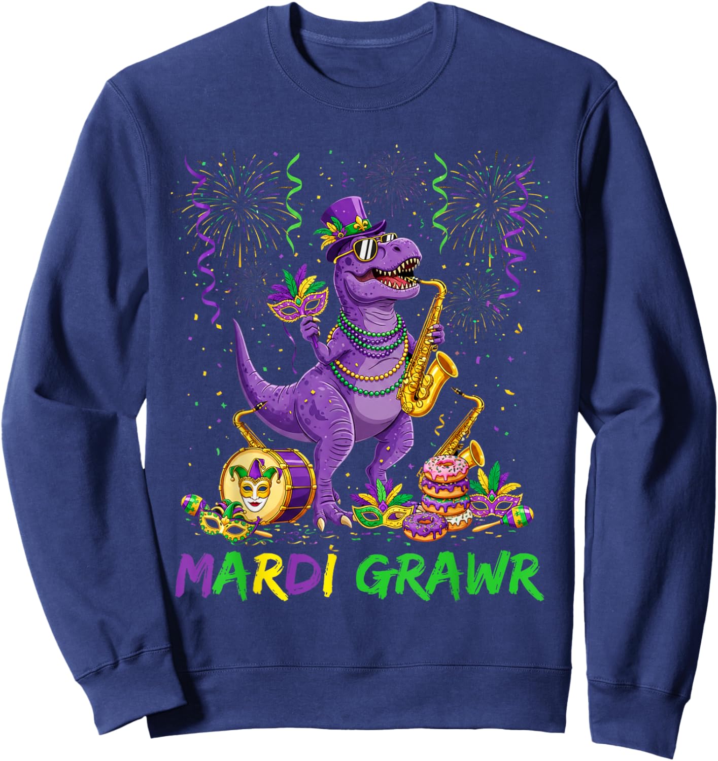 Mardi Grawr T Rex Dinosaur Funny Mardi Gras Men Boy Kid Sweatshirt - Sweatshirt | Navy