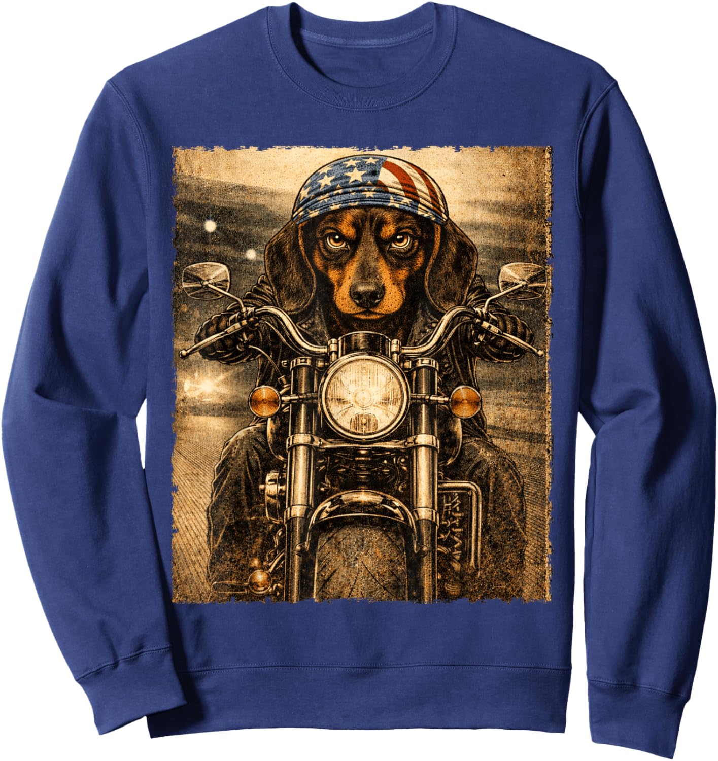 Vintage Dachshund Dog Biker Riding Classic Doxie Motorcycle Sweatshirt - Sweatshirt | Navy
