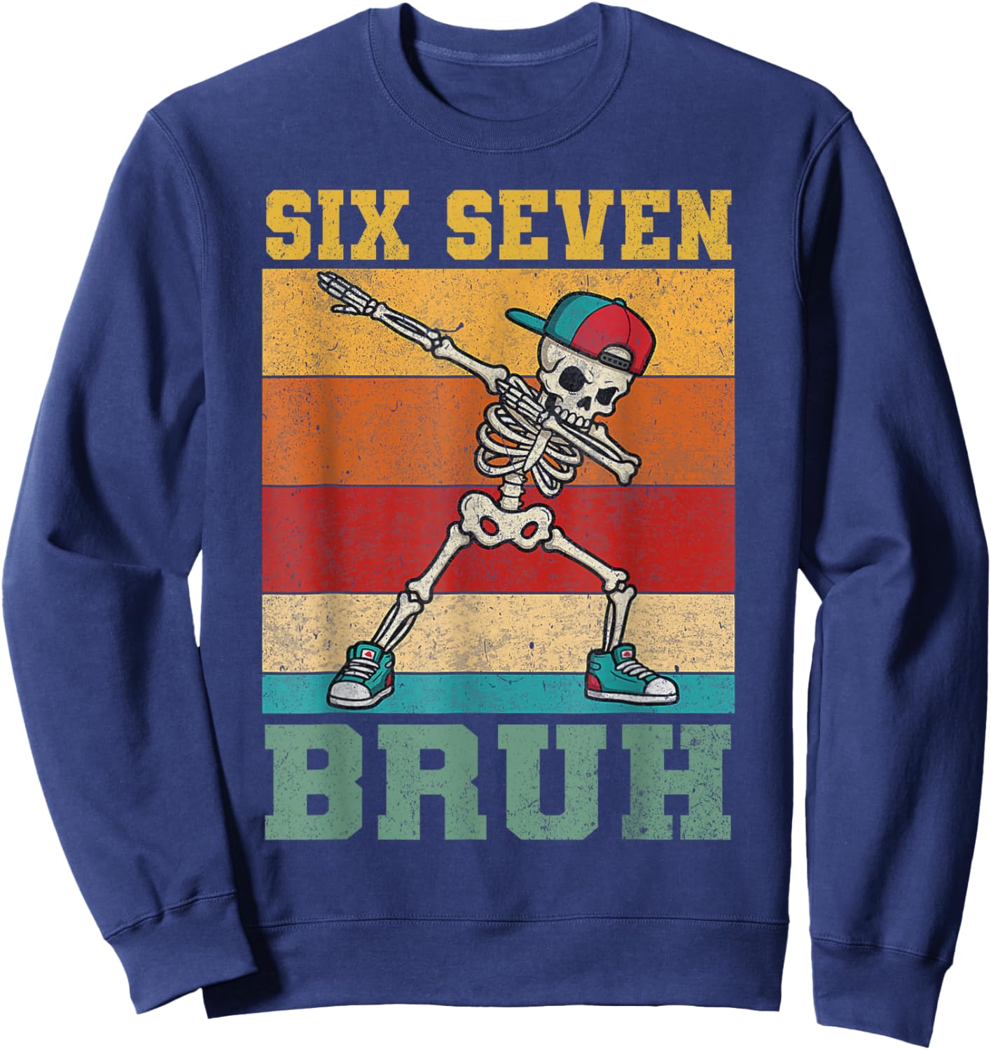 Six Seven 6 7 Bruh Skeleton Dabbing Boys Kids Vintage Meme Sweatshirt - Sweatshirt | Navy