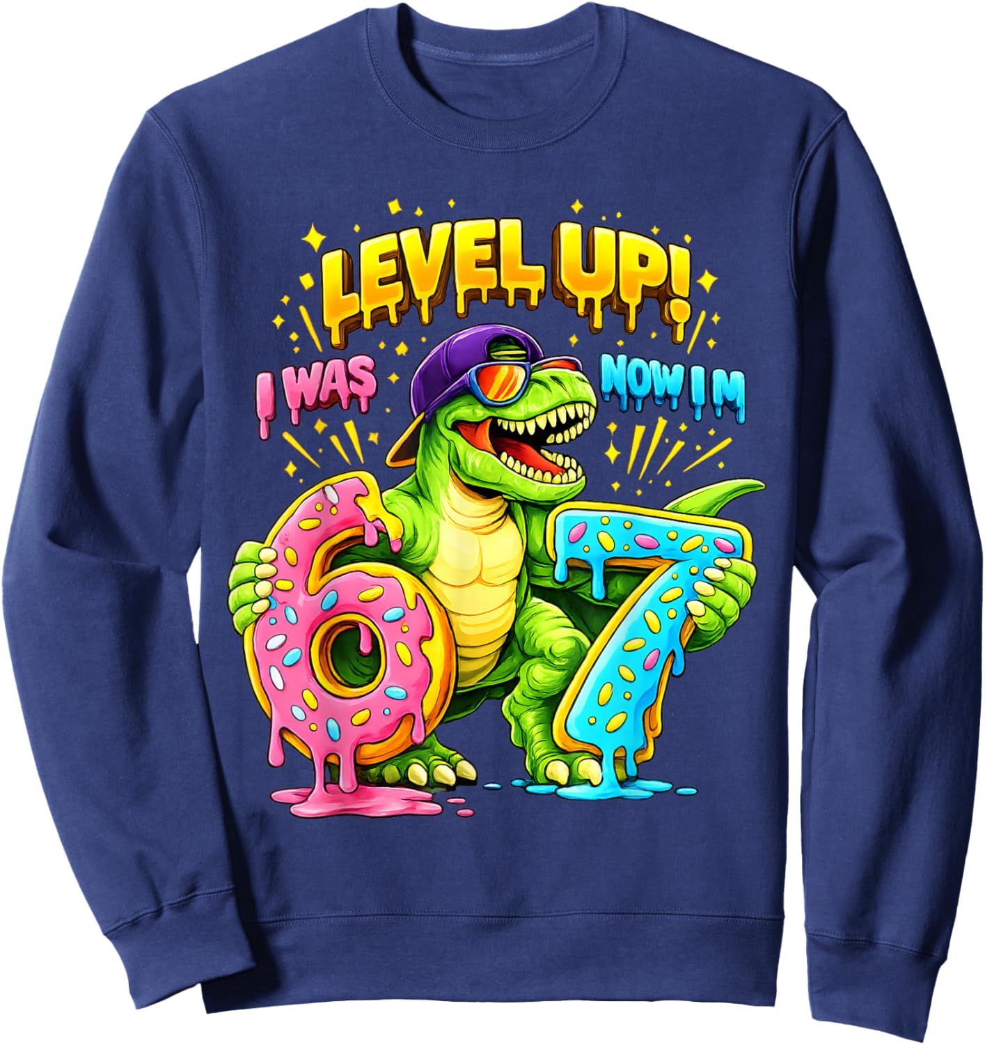 7th Birthday I was Six Now I'm Seven Dinosaur Funny 67 Meme Sweatshirt - Sweatshirt | Navy