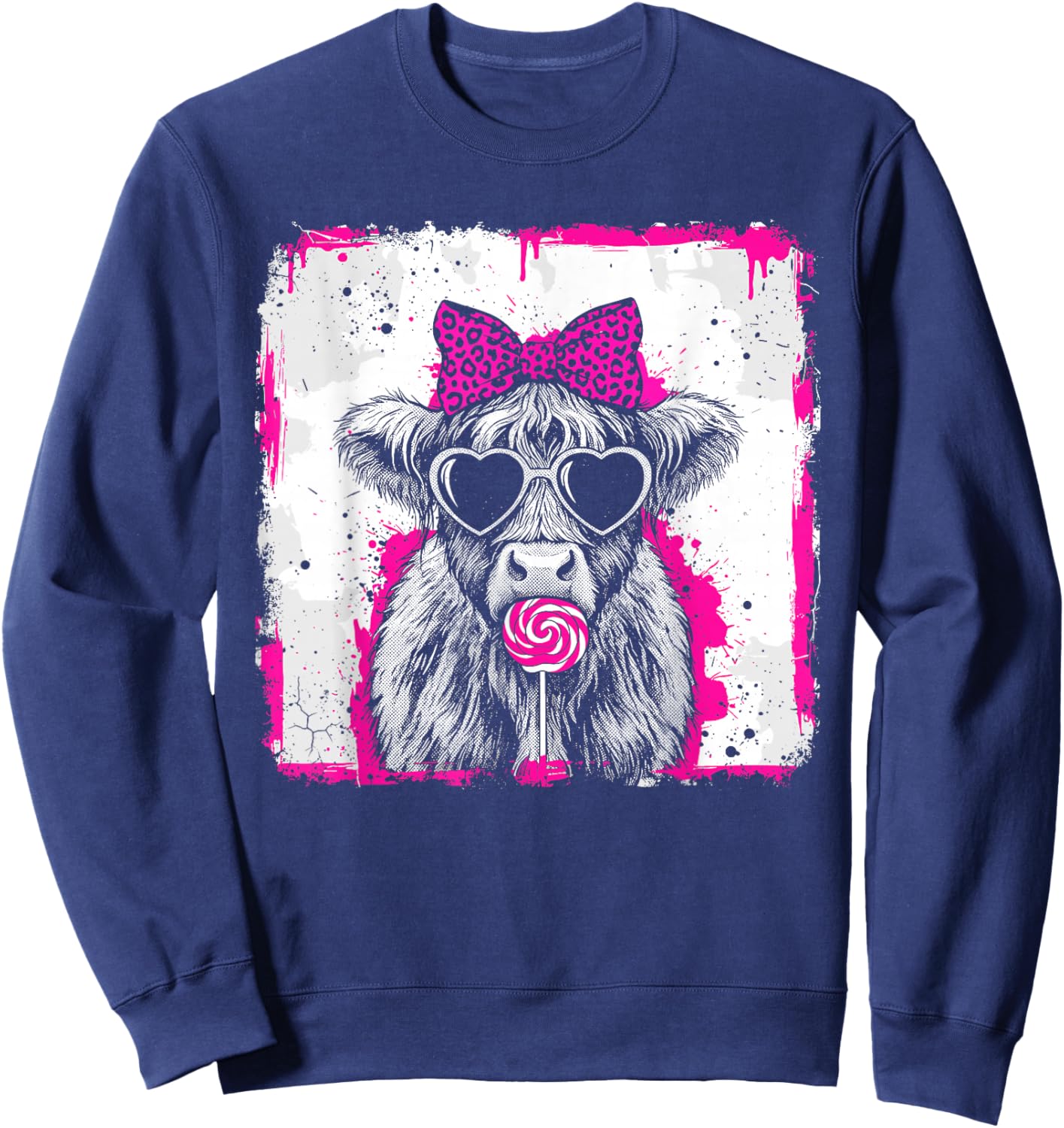 Women Girls Vintage Cute Lollipop Highland Cow Bow Valentine Sweatshirt - Sweatshirt | Navy