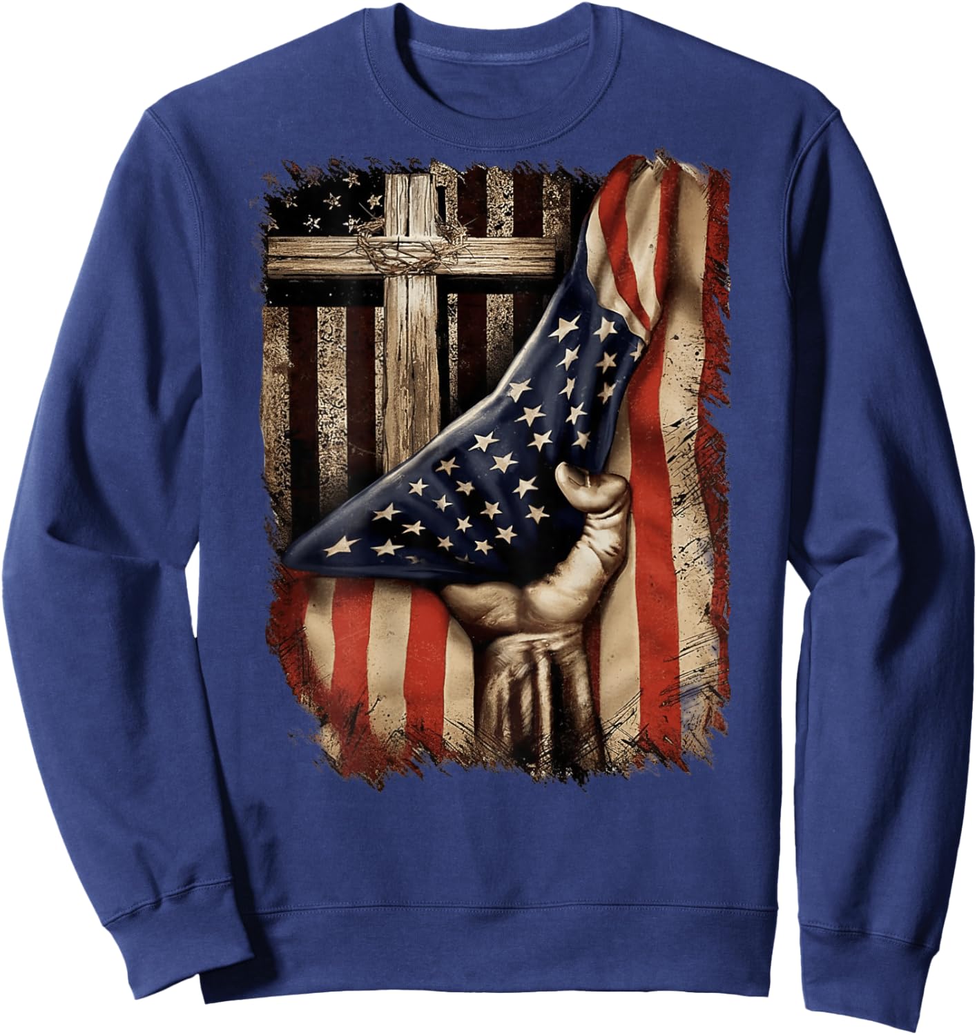 American USA Flag Christian Cross Patriotic (On Back) Sweatshirt - Sweatshirt | Navy