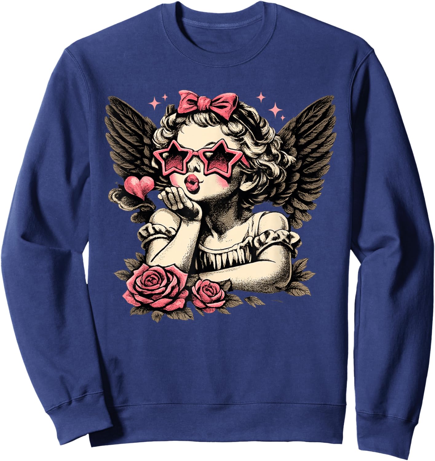 Retro Valentine Day Cute Vintage Cupid Blowing Kiss Star Sweatshirt - Sweatshirt | Navy