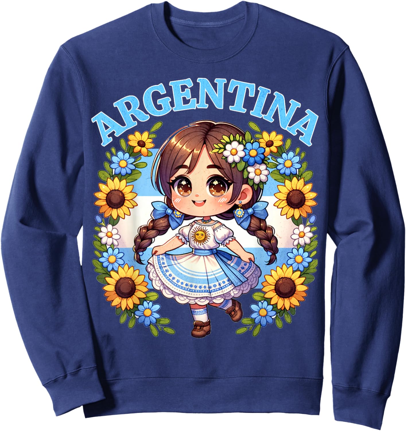 Cute Argentina Girl Traditional Dress with Sunflowers Kids Sweatshirt - Sweatshirt | Navy