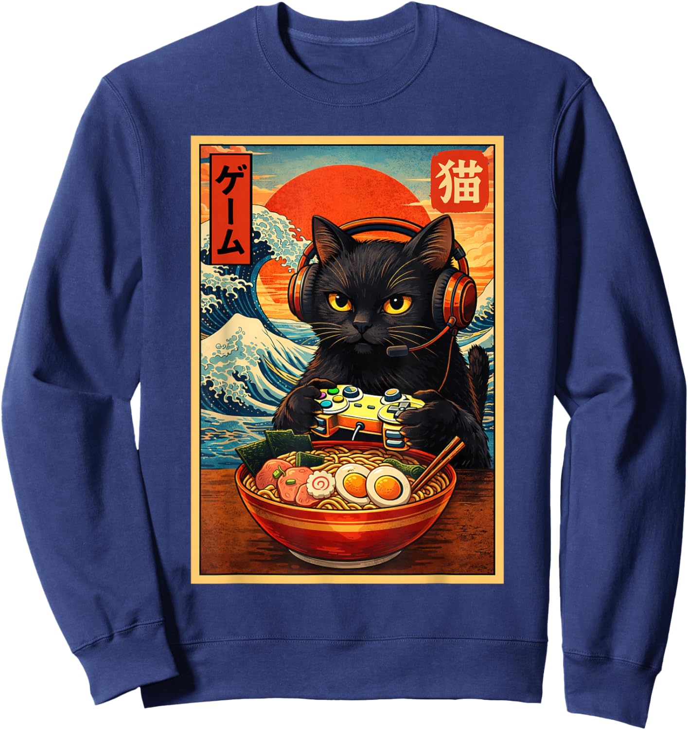 Cute Kawaii Gamer Cat Funny Ramen Retro Japanese Cat Gaming Sweatshirt - Sweatshirt | Navy