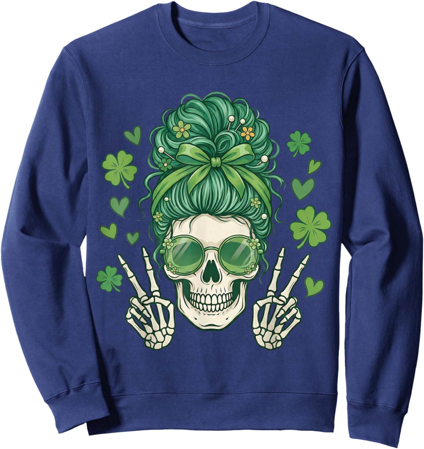 Messy Bun Skull St Patricks Day Women Girl St Paddys Pattys Sweatshirt - Sweatshirt | Navy