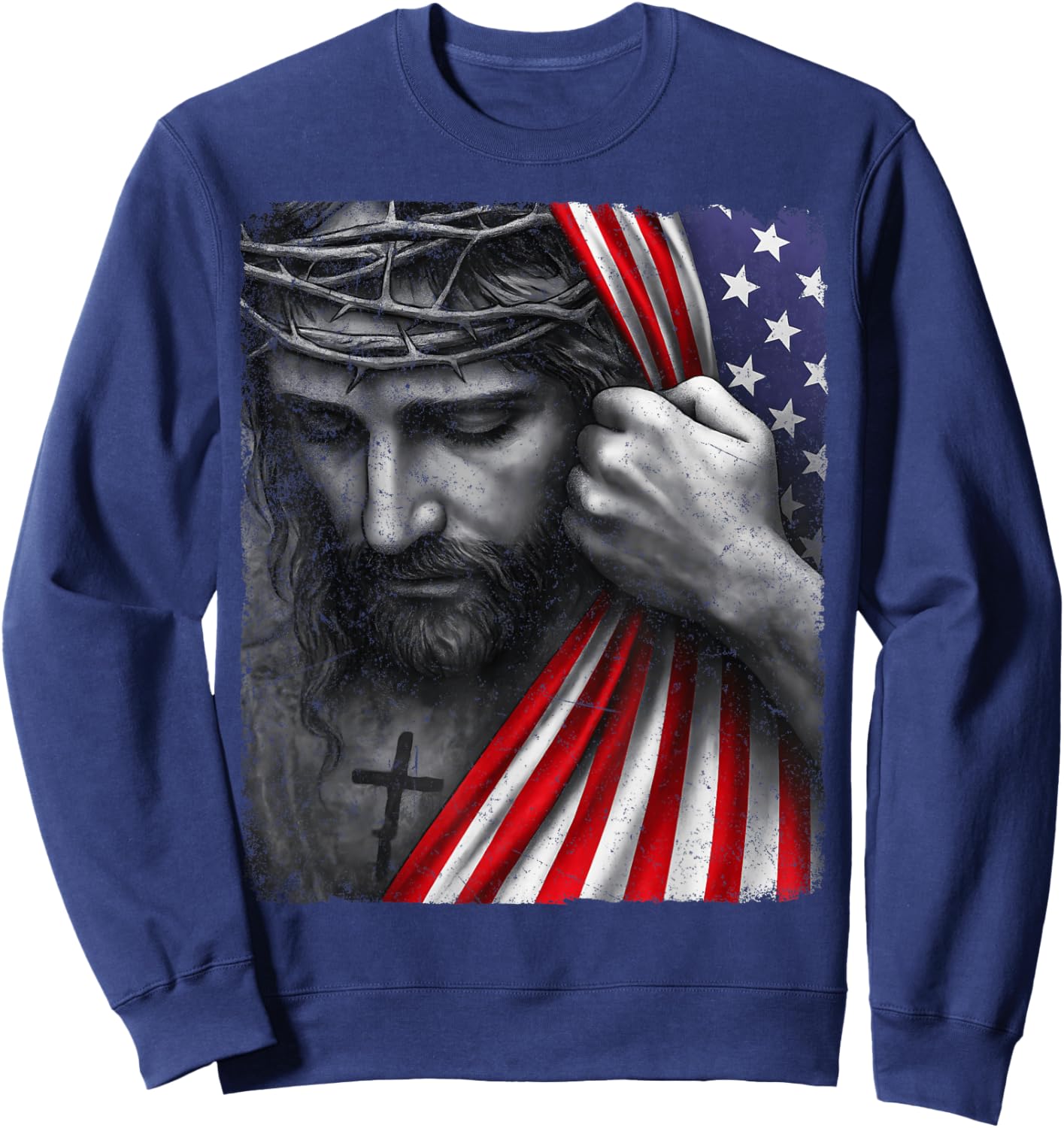 Jesus Faith Cross Crown America Patriotic Heritage Flag Sweatshirt - Sweatshirt | Navy