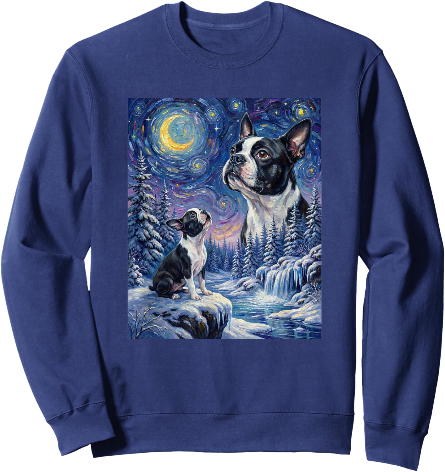 Howling to The Moon Meme Animal Dog Boston Terrier Sweatshirt - Sweatshirt | Navy