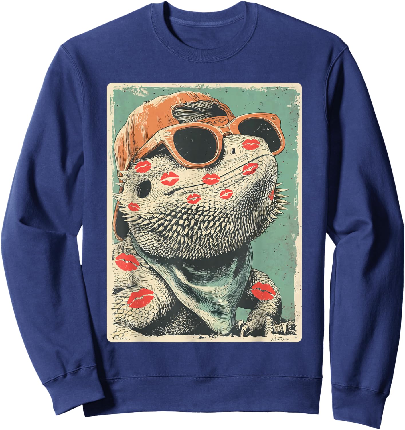 Cute Bearded Dragon with Sunglasses Kisses Valentine's Day Sweatshirt - Sweatshirt | Navy