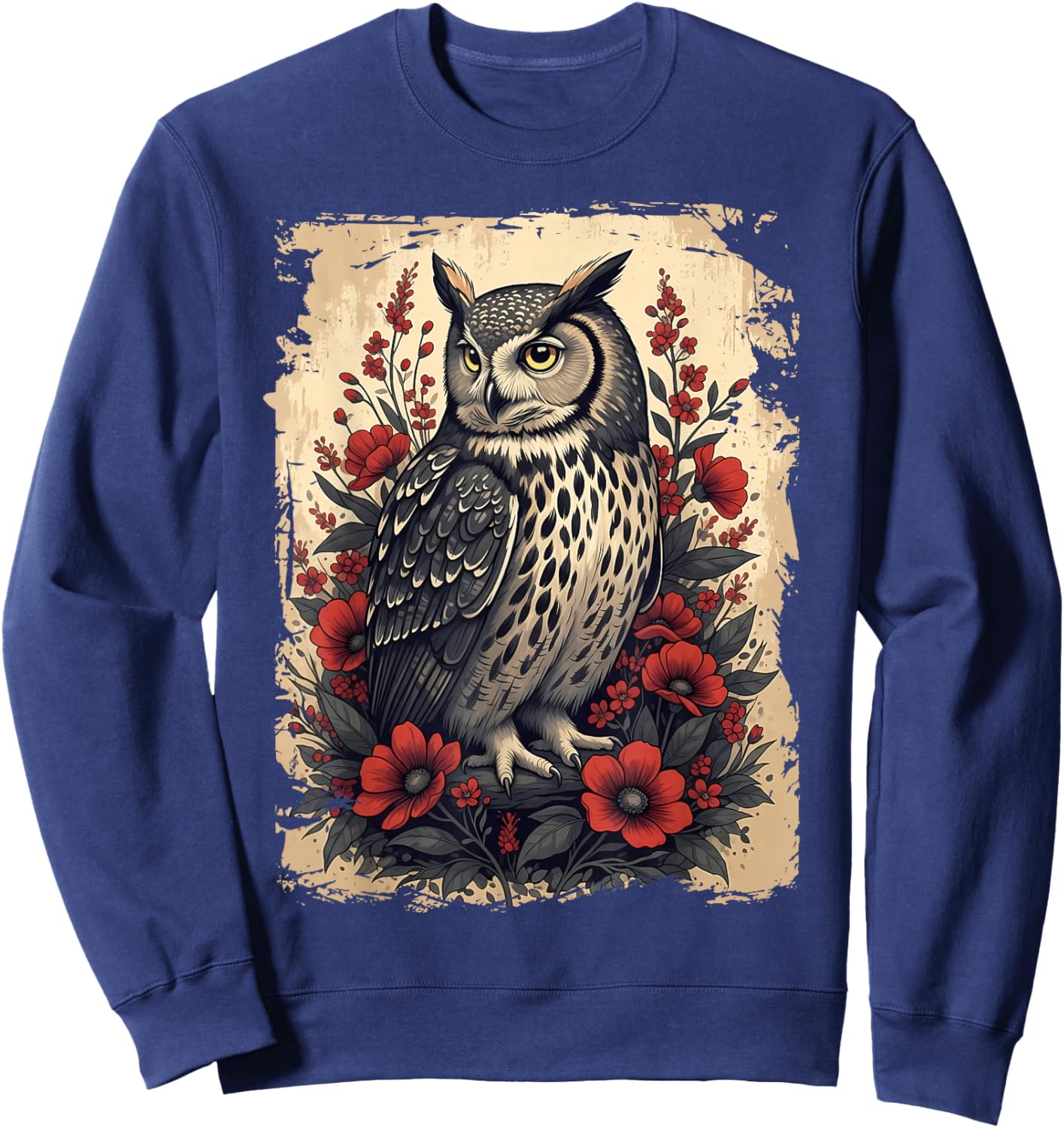 Gothic Owl Rose Enchanted, Vintage Floral Owl Nocturnal Bird Sweatshirt - Sweatshirt | Navy