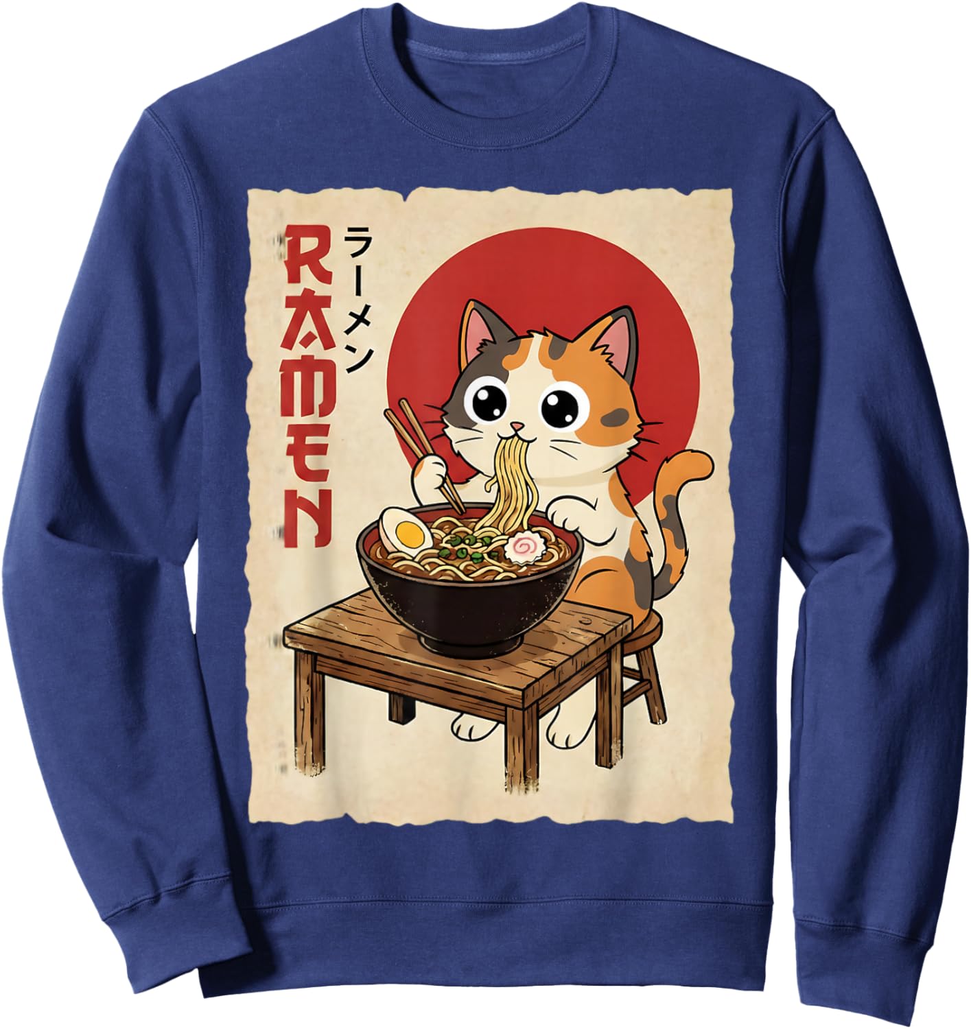 Anime Calico Cat Eating Noodles Funny Kawaii Sweatshirt - Sweatshirt | Navy