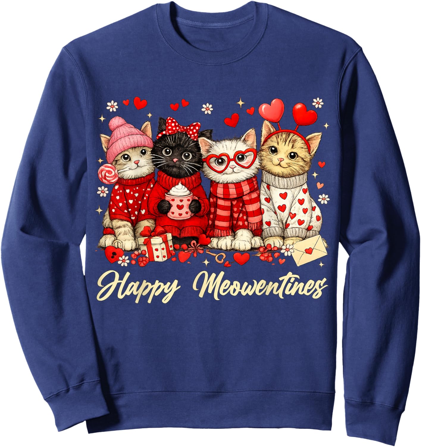 Funny Valentines Day Cats Happy Meowentines Kitten Hearts Sweatshirt - Sweatshirt | Navy